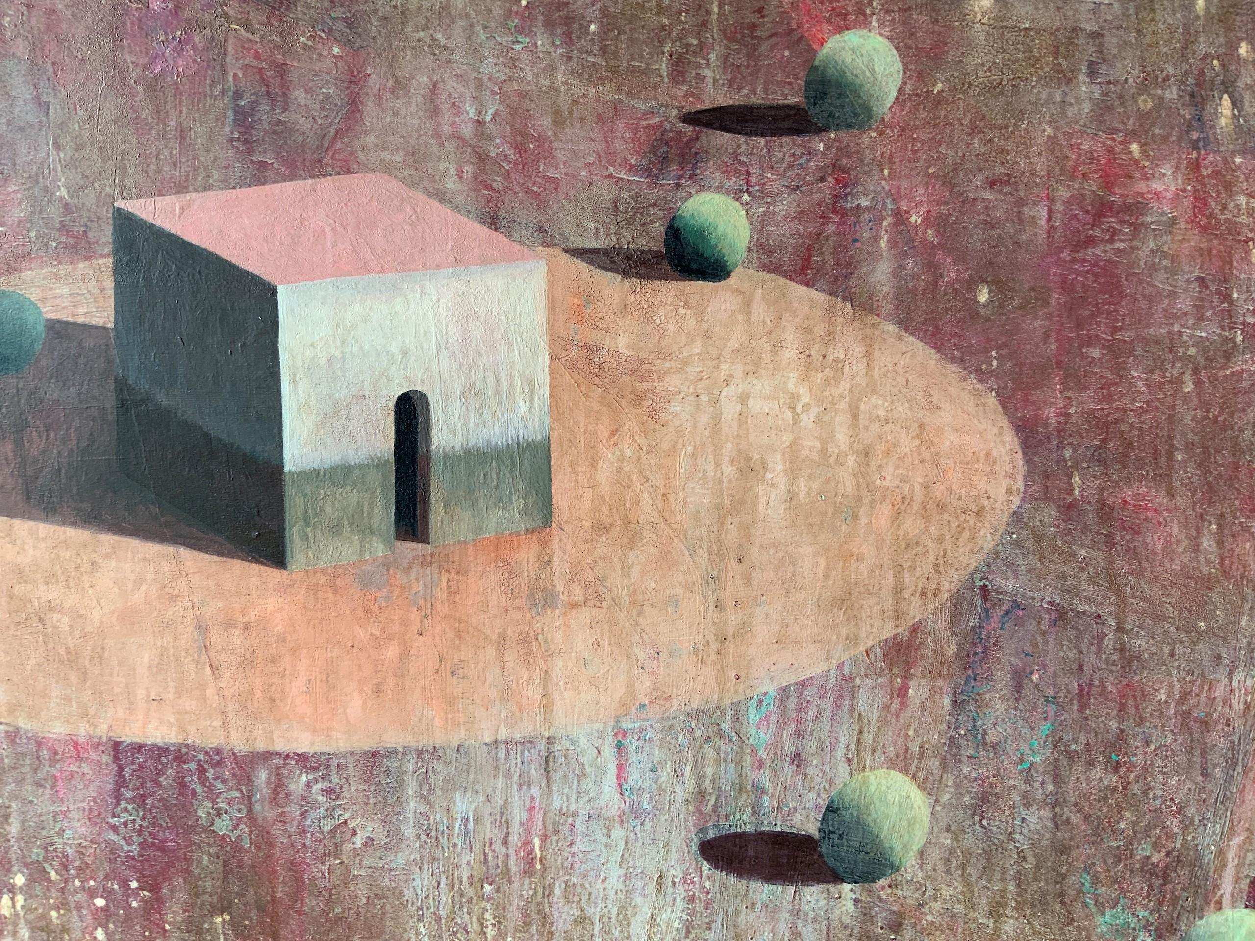 TORRUB by Ramon Enrich - Geometric landscape painting, red tones, architecture For Sale 3