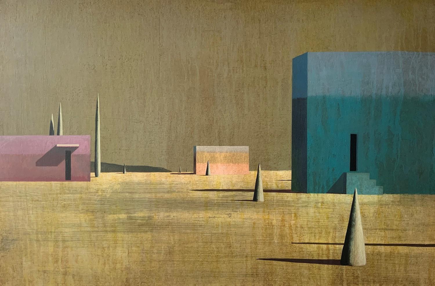 TRESGRA, painting by Spanish contemporary artist Ramon Enrich. Acrylic on canvas, 60 x 90 cm. Signed, sold unframed.
Enrich's work revolves around conversation between architecture and landscape, inviting the viewer on a visual stroll through vast