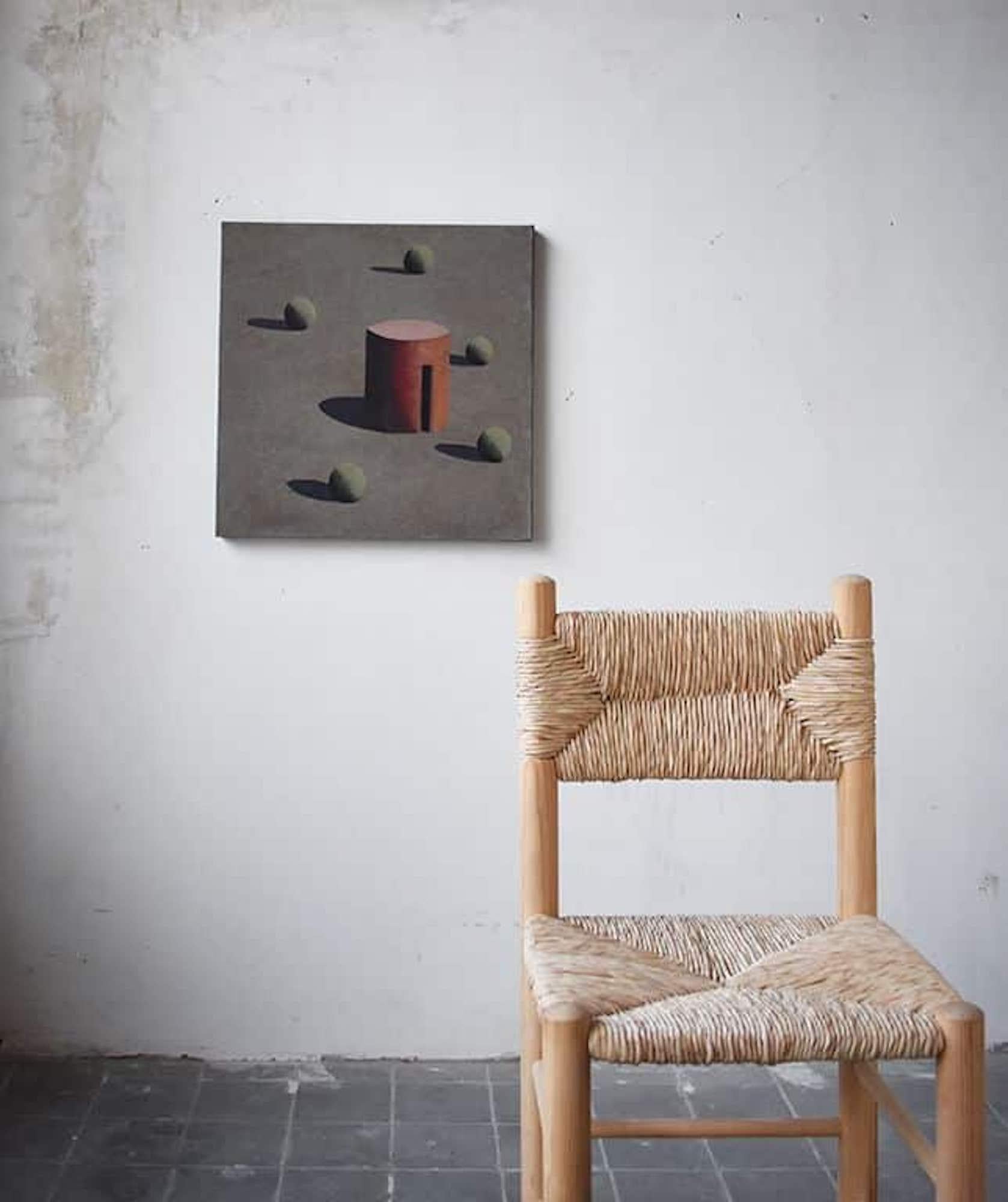 Turm K by Ramon Enrich - Geometric landscape painting, acrylic on canvas, grey For Sale 1