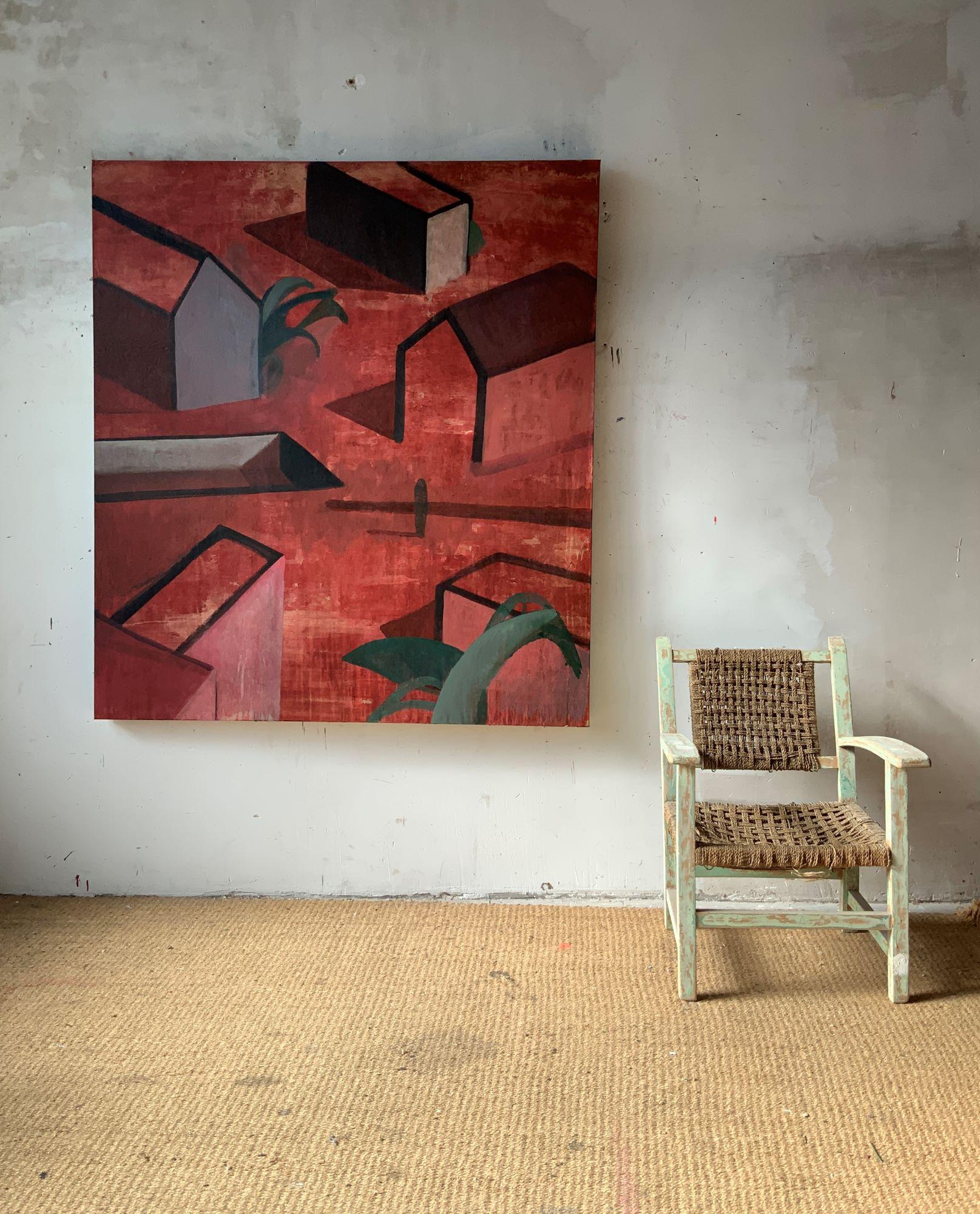 AMON par Ramon Enrich - Peinture géométrique contemporaine de paysage, tons rouges, arbre en vente 1