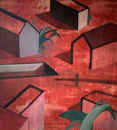 UON by Ramon Enrich - Contemporary geometric landscape painting, red tones, tree