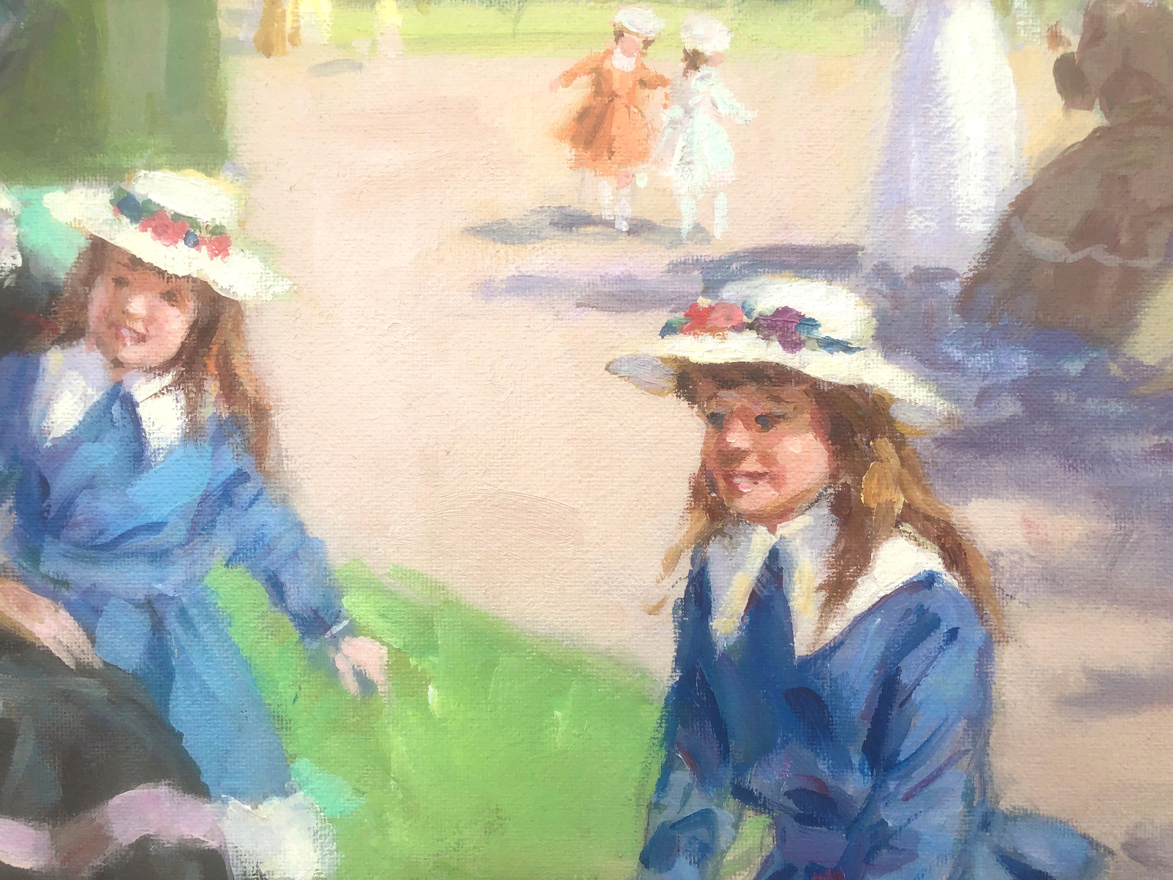 women in the park oil on canvas painting - Romantic Painting by Ramon Llampayas