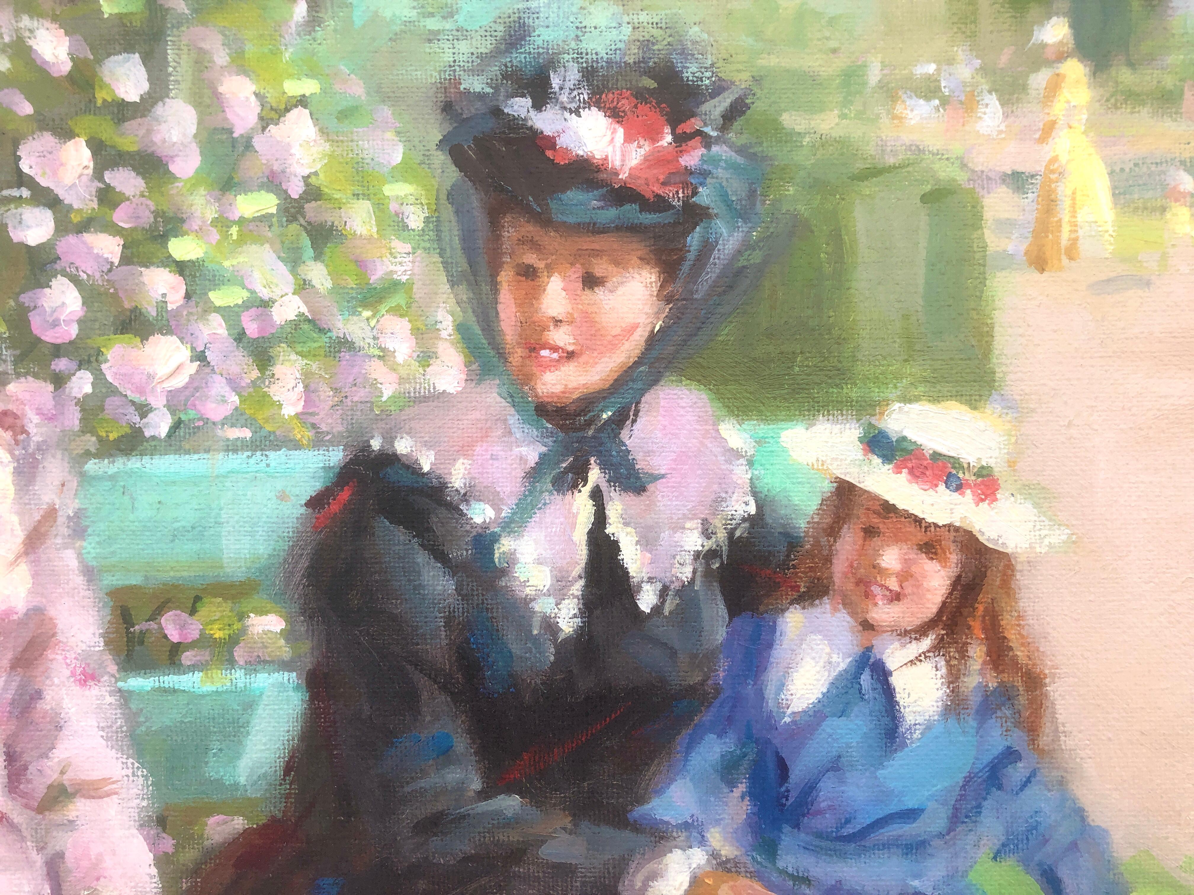 donne nel parco olio su tela - Figurative Painting Beige di Ramon Llampayas