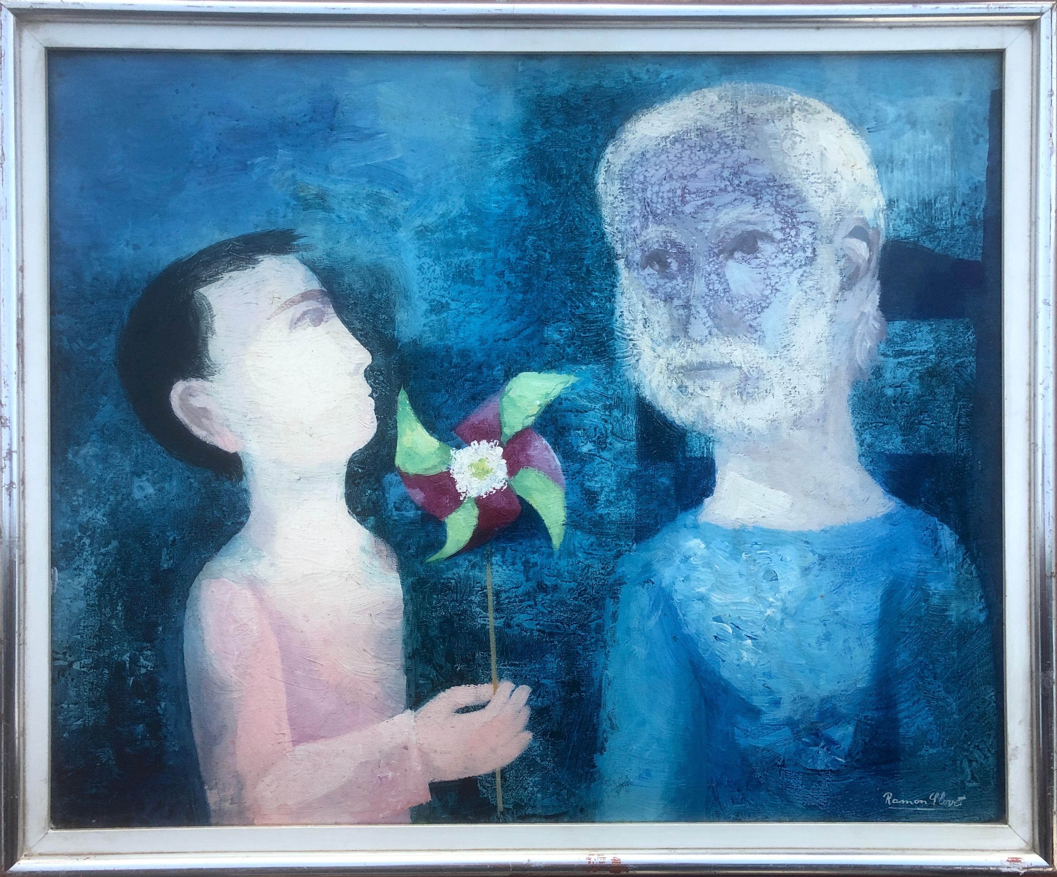 Father and son oil on canvas painting surrealist - Painting by Ramon Llovet Miserol