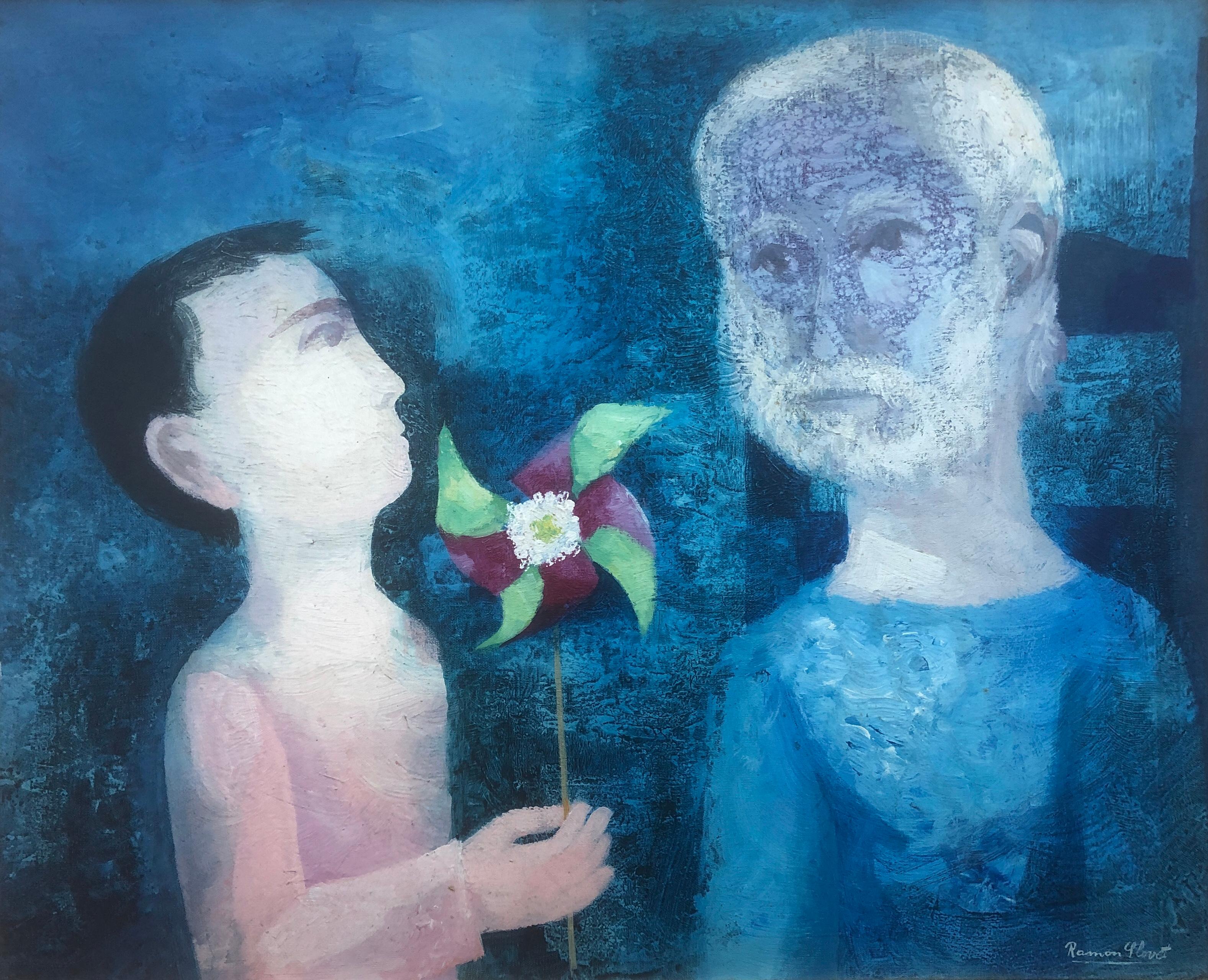 Ramon Llovet Miserol Figurative Painting - Father and son oil on canvas painting surrealist