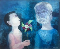 Vintage Father and son oil on canvas painting surrealist