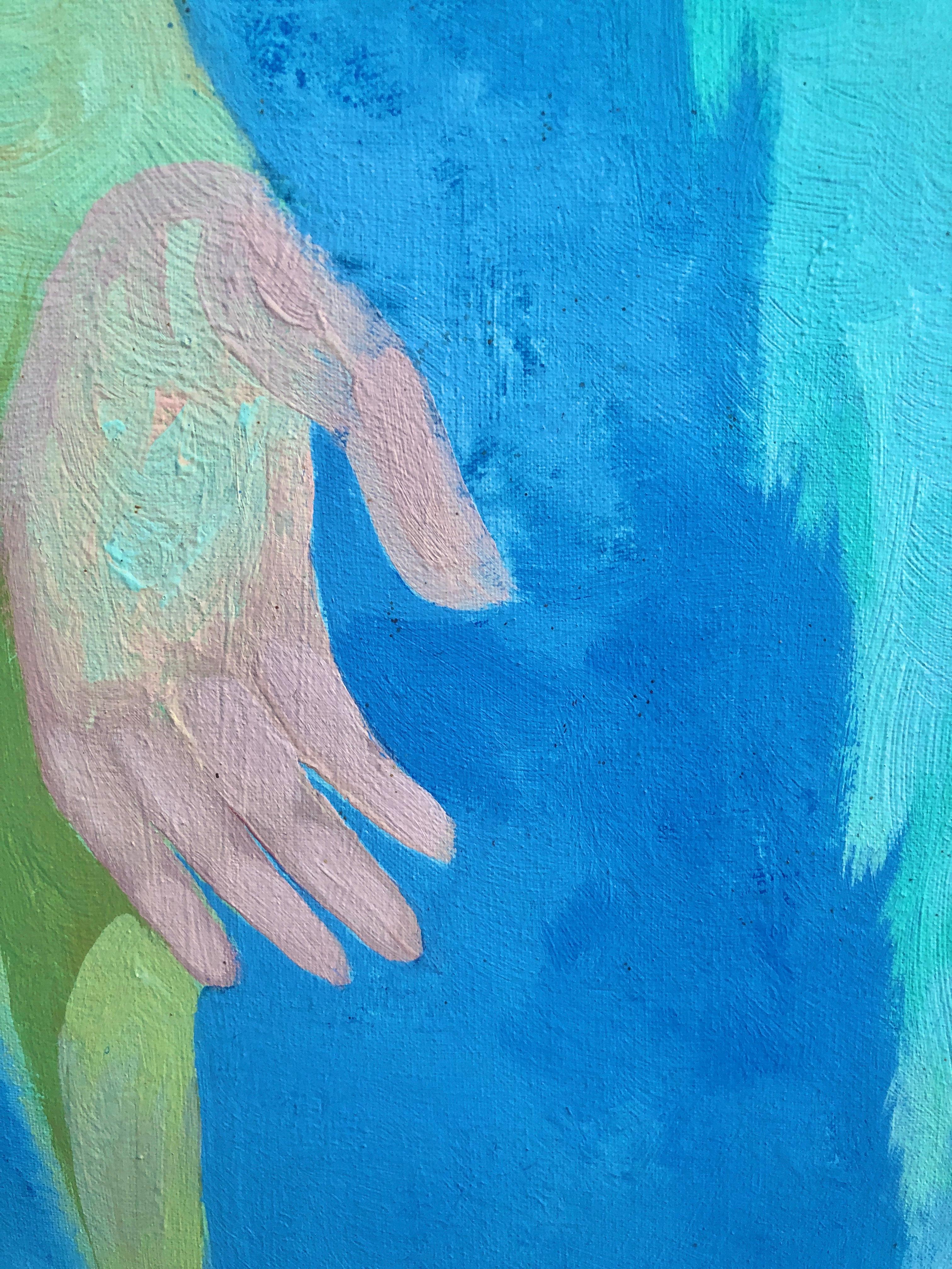 Ölgemälde auf Leinwand „Der Engel“, surrealistisch (Blau), Portrait Painting, von Ramon Llovet Miserol