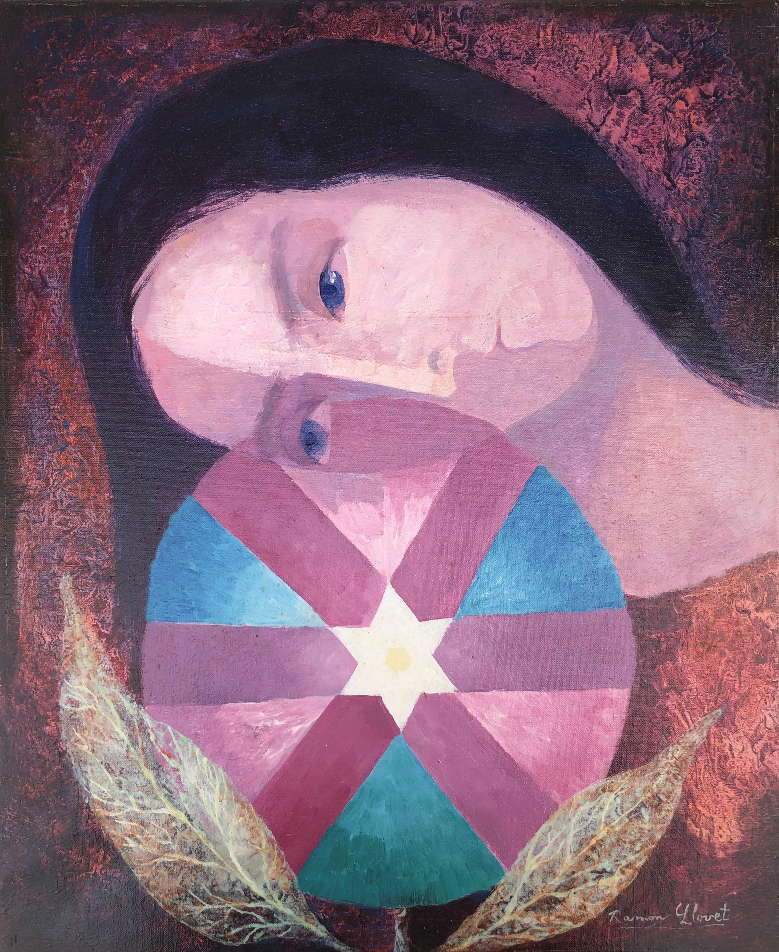 Woman and rose window oil on canvas painting surrealist