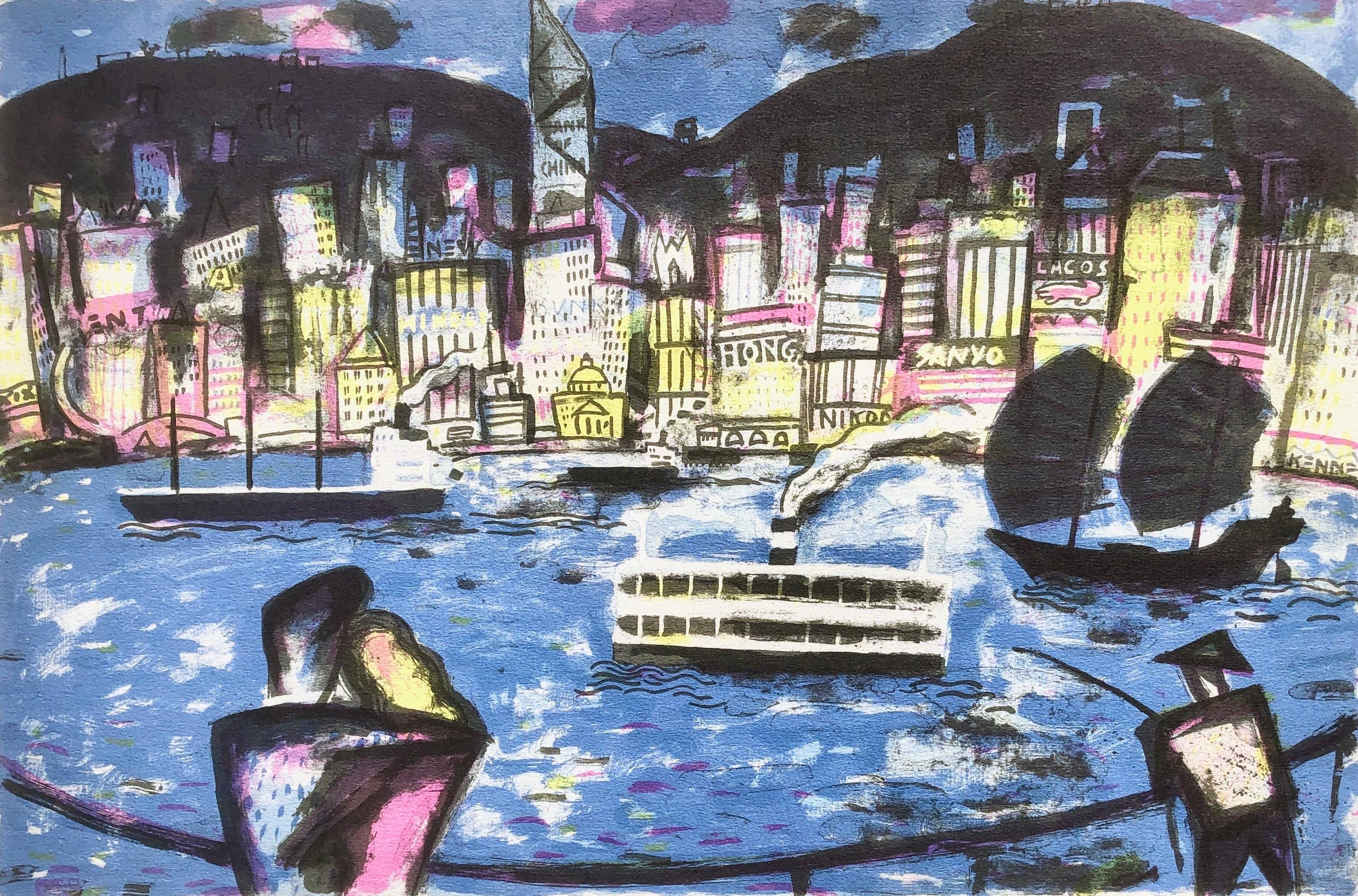 Litografía de un paisaje urbano de Hong Kong