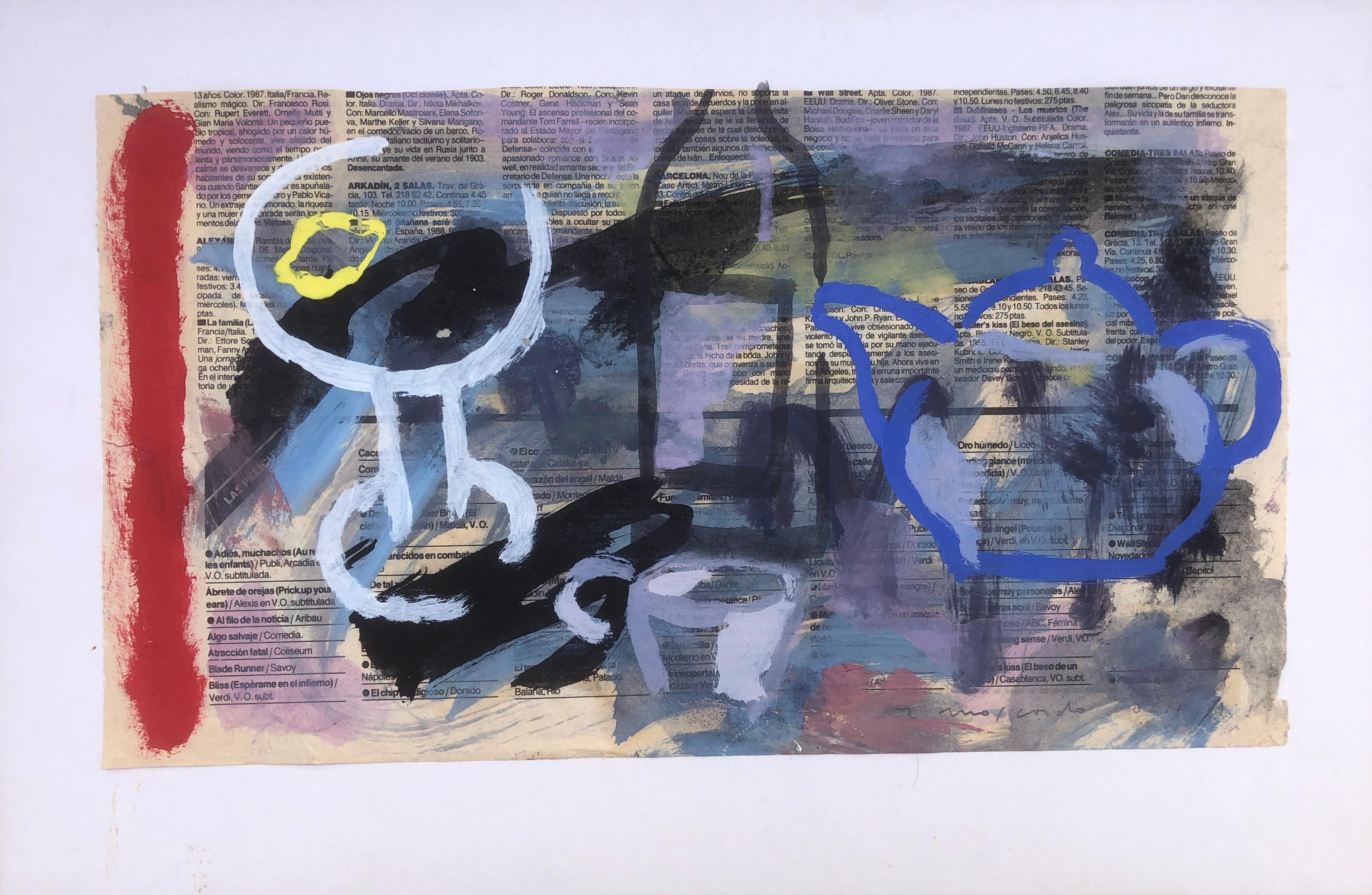 Abstraktes Stillleben, Mischtechnik auf Zeitungspapier geklebt mit Karton (Fauvismus), Mixed Media Art, von Ramon Moscardo