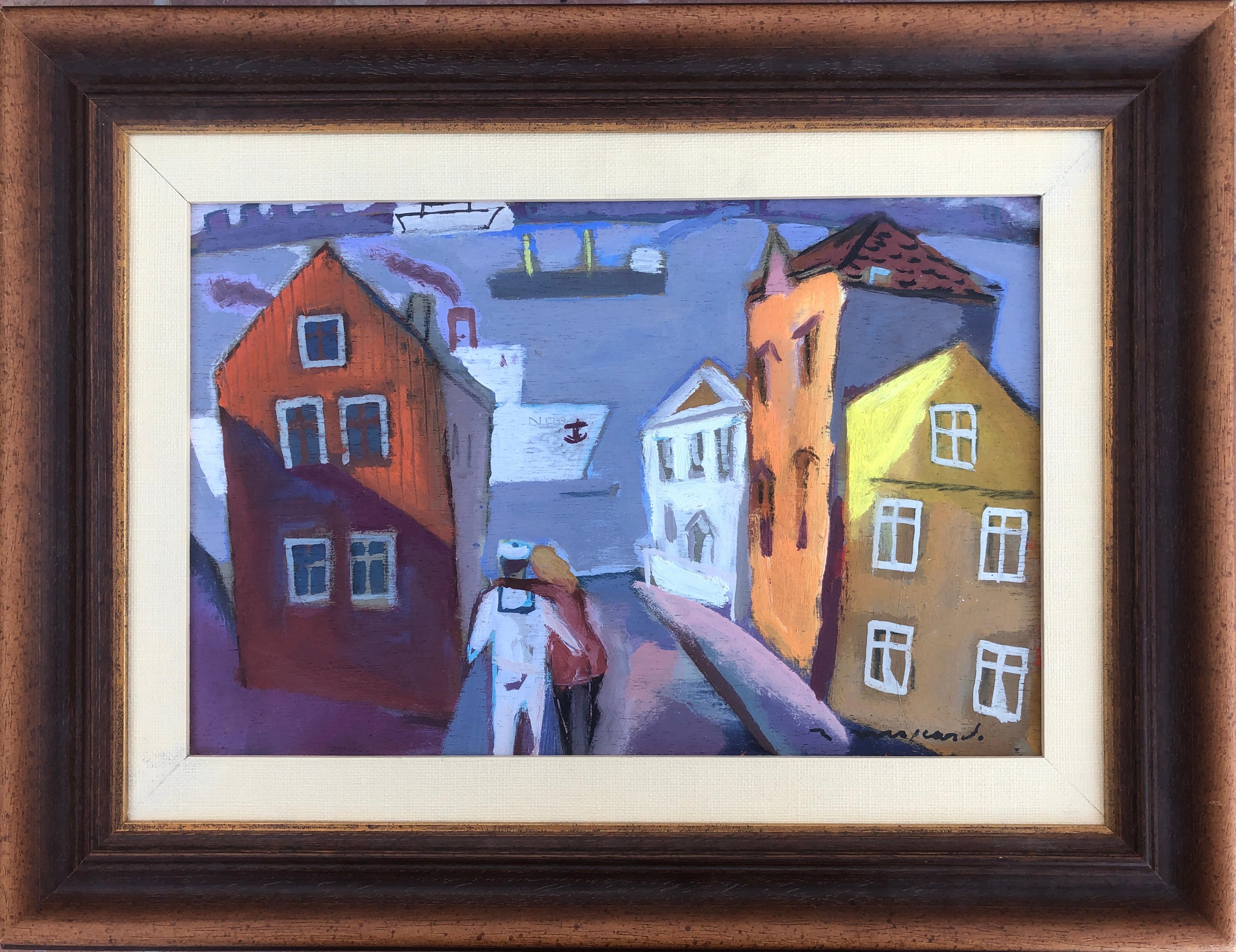Goteborg Schweden, Ölgemälde auf Karton, Meereslandschaft, Stadtlandschaft – Painting von Ramon Moscardo