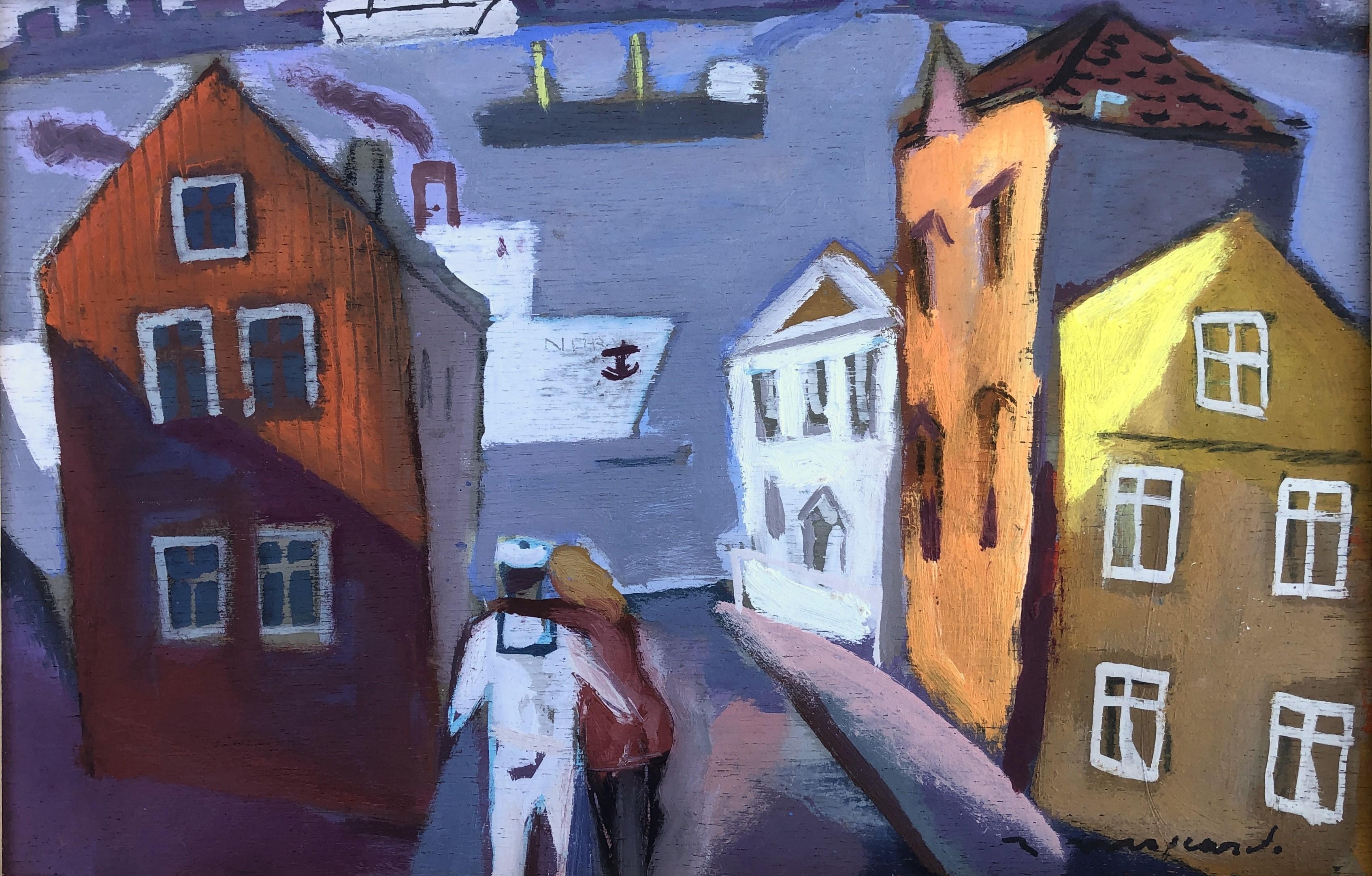Ramon Moscardo Figurative Painting – Goteborg Schweden, Ölgemälde auf Karton, Meereslandschaft, Stadtlandschaft