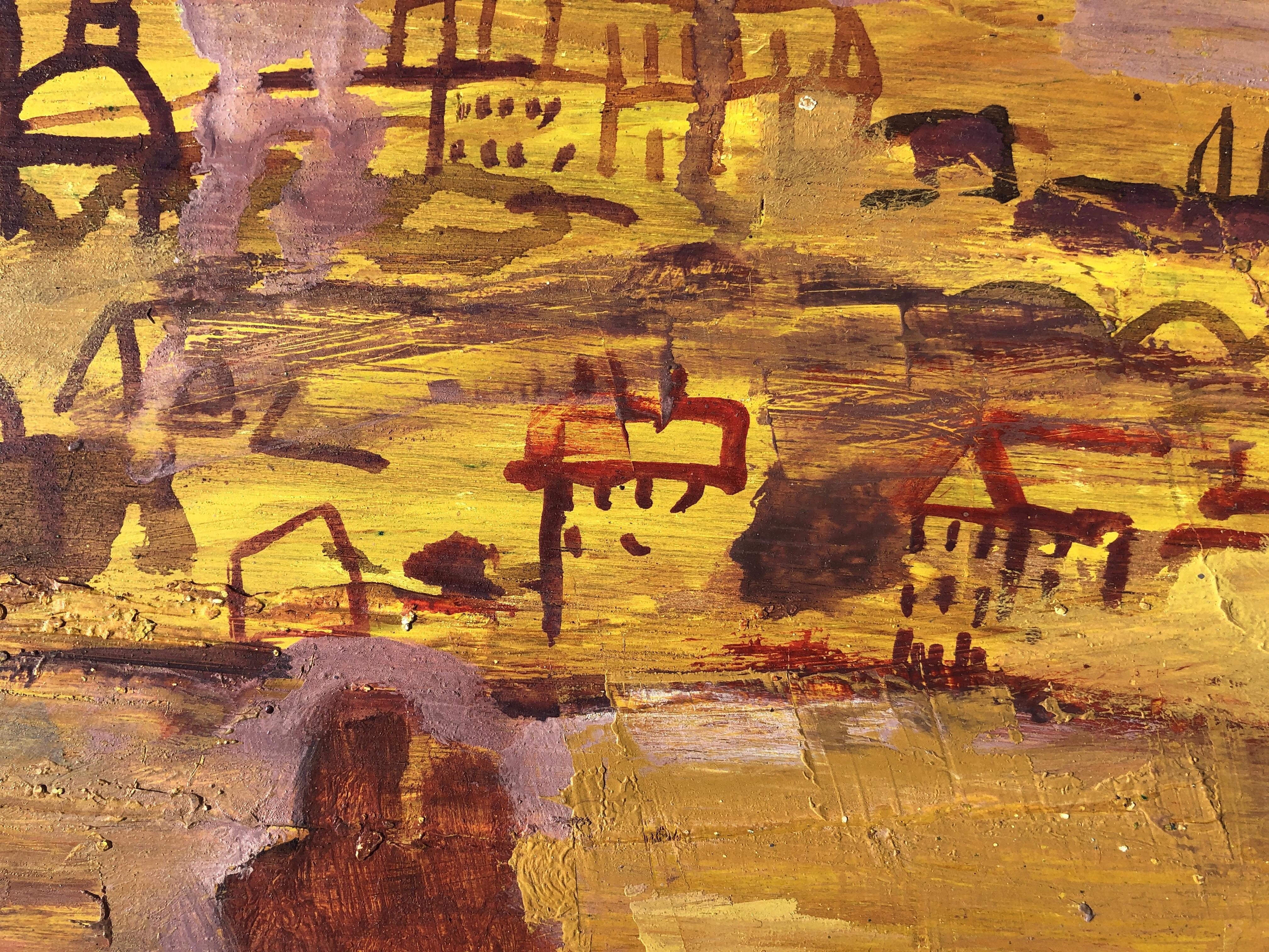 Prag, Tschechische Republik, fauvistische Stadtlandschaft, Öl auf Karton (Braun), Landscape Painting, von Ramon Moscardo