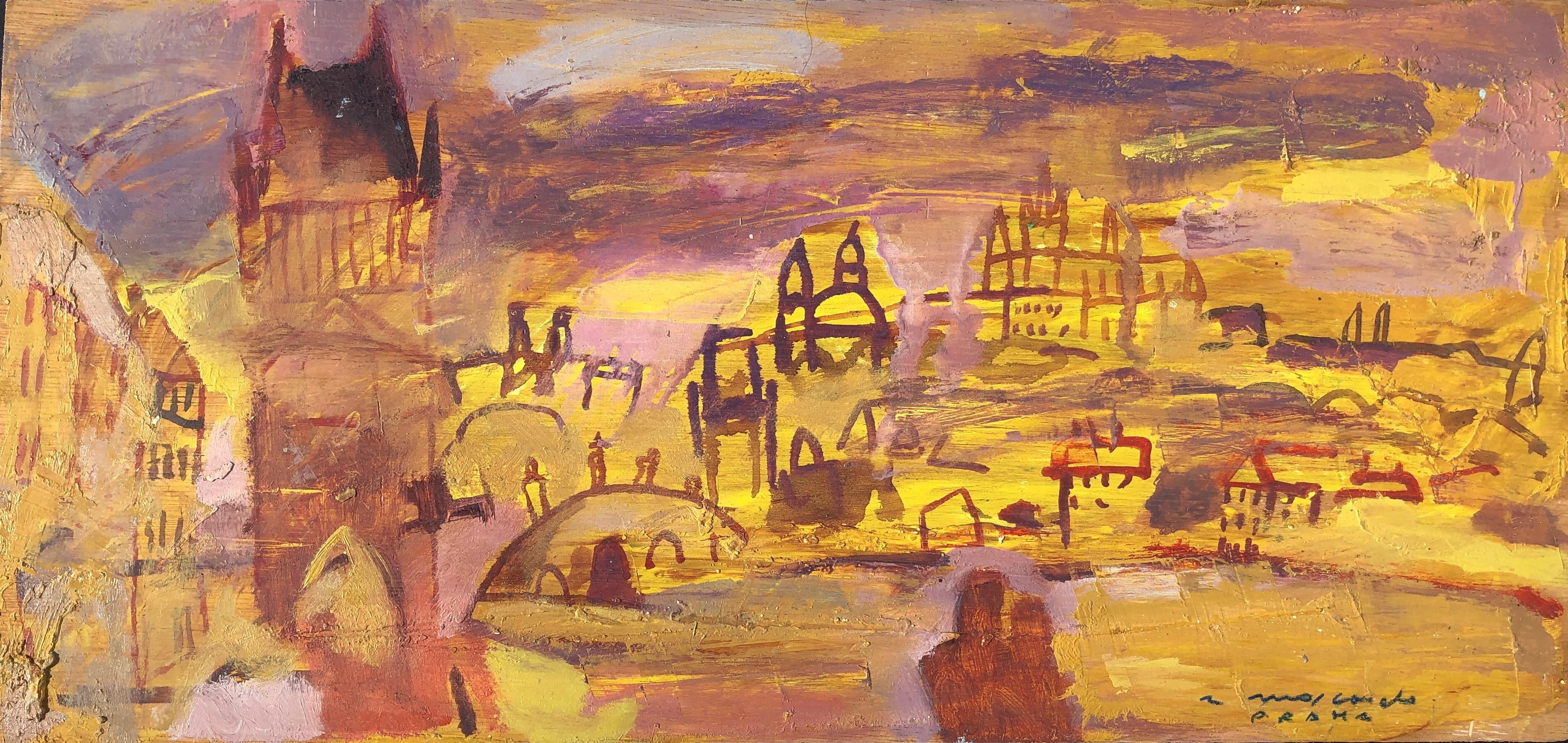 Landscape Painting Ramon Moscardo - Peinture à l'huile sur panneau de paysage urbain fauviste de Prague, République tchèque