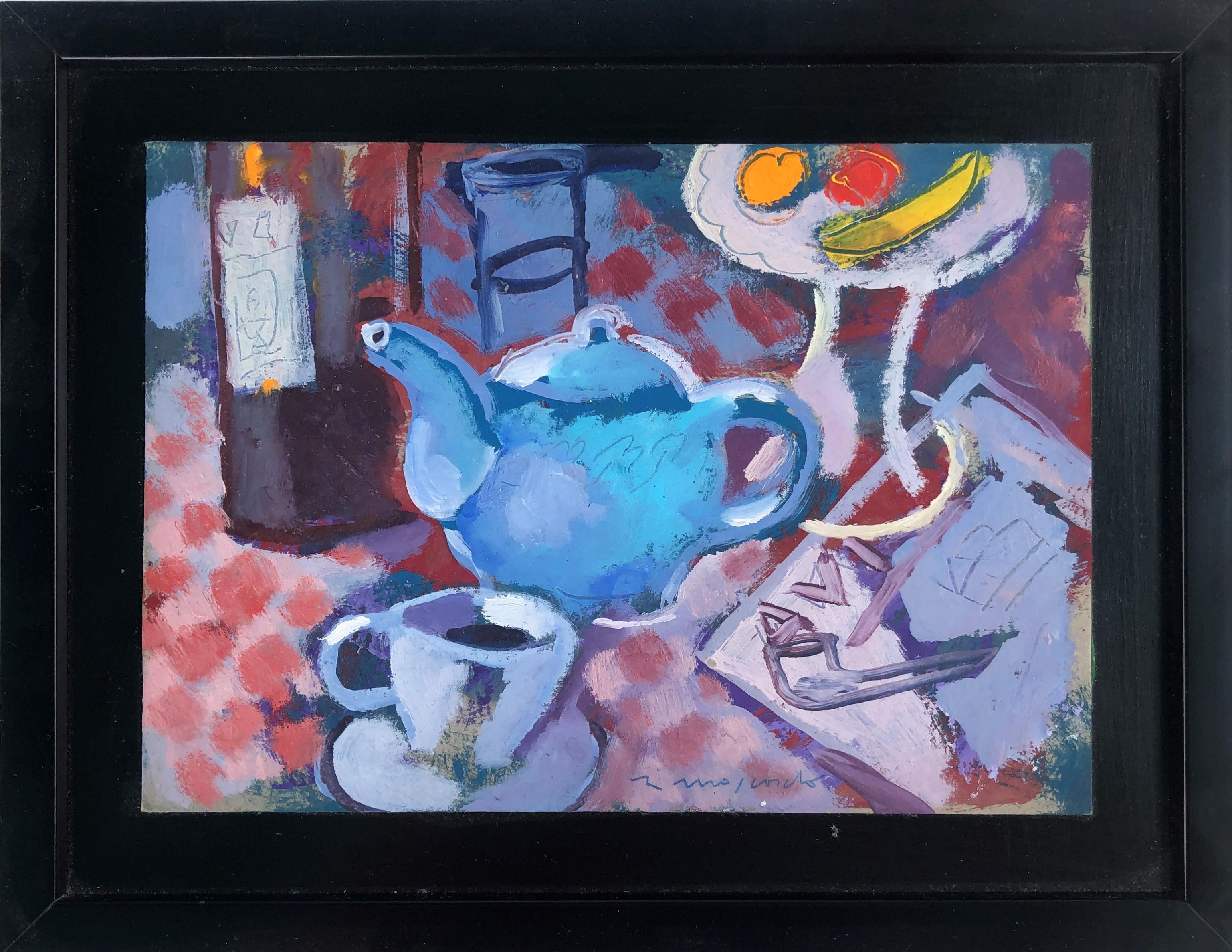 Still life with teapot and pipe oil on cardboard painting - Painting by Ramon Moscardo