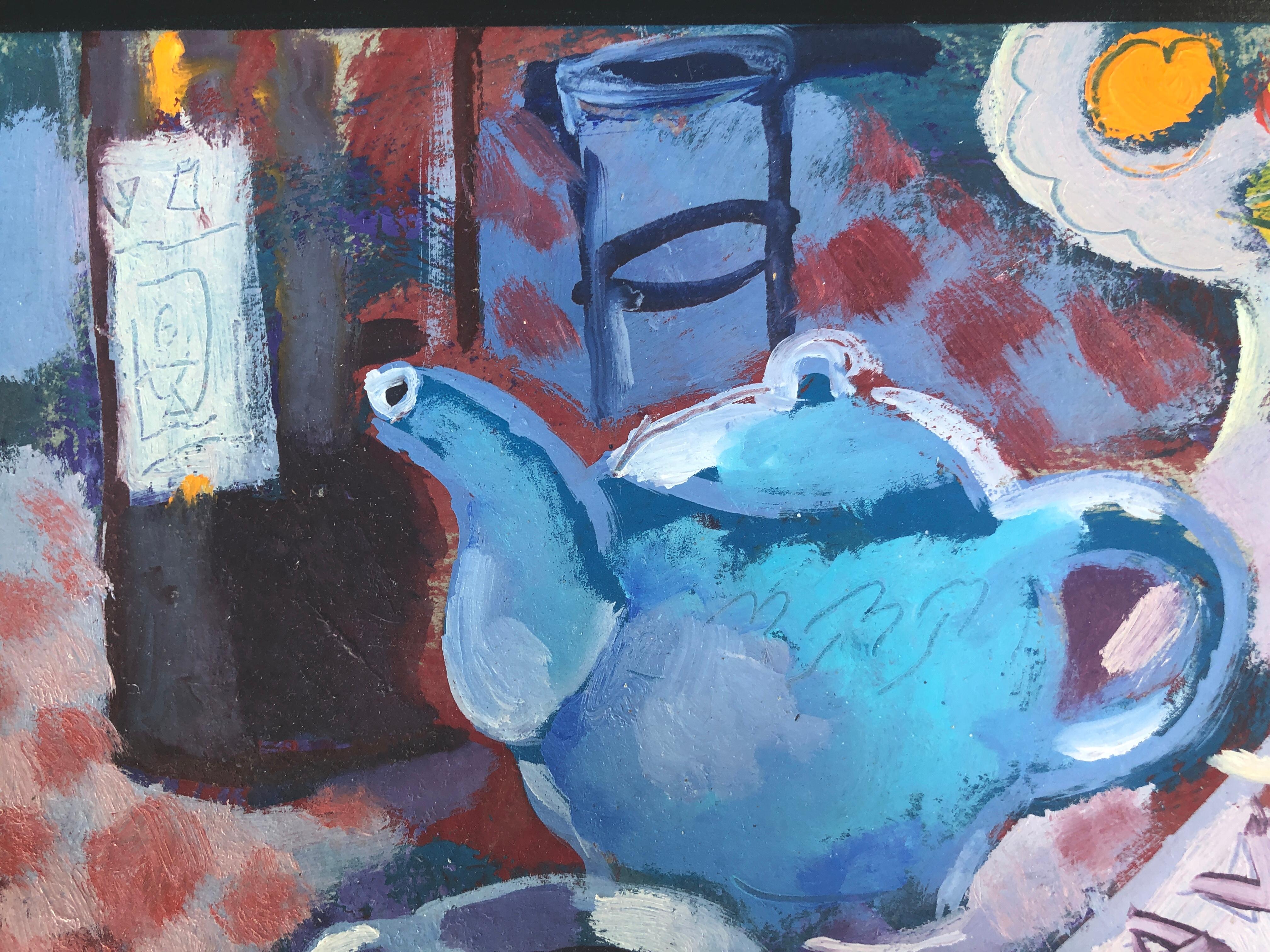 Still life with teapot and pipe oil on cardboard painting - Fauvist Painting by Ramon Moscardo
