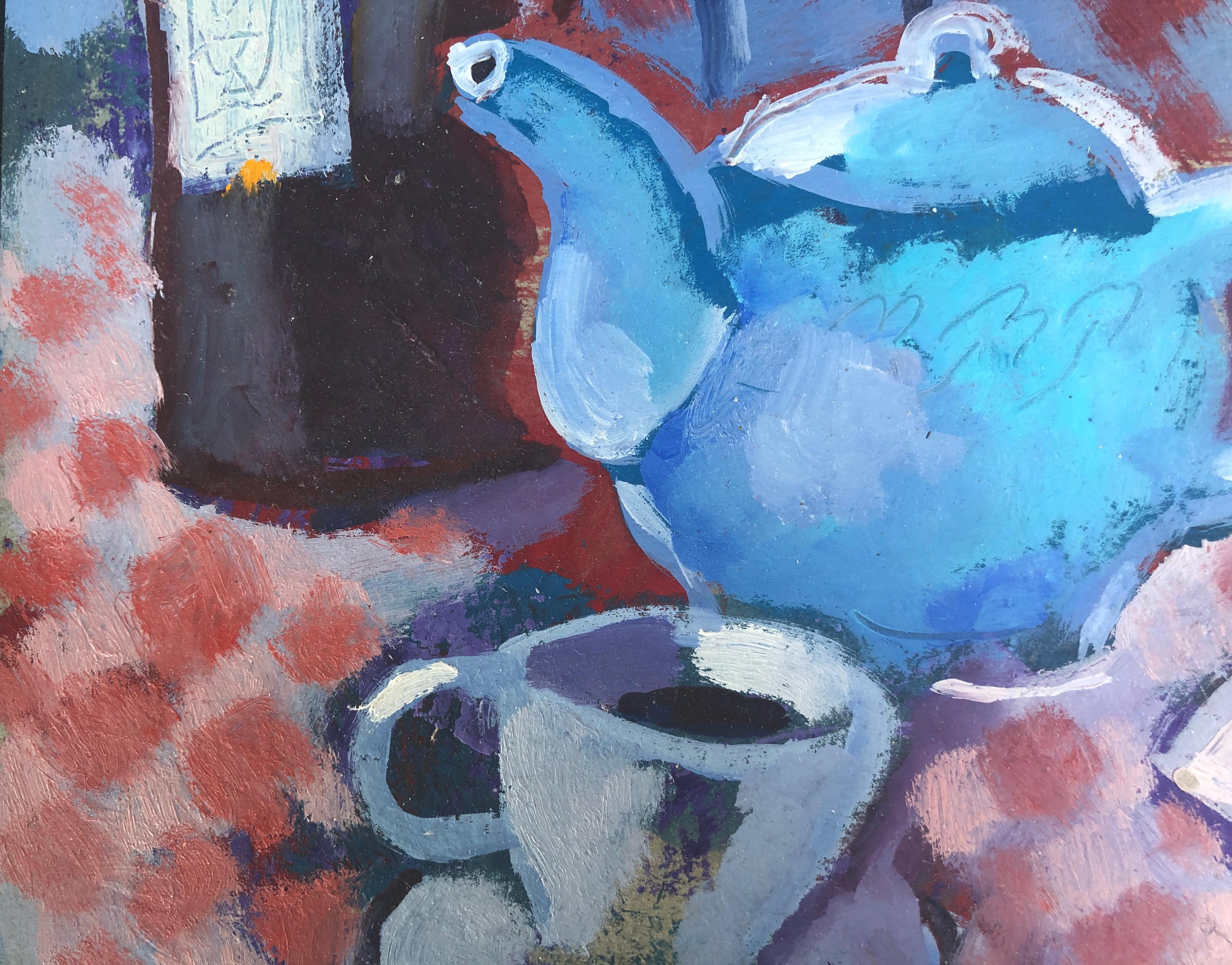 Still life with teapot and pipe oil on cardboard painting - Purple Still-Life Painting by Ramon Moscardo