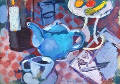 Still life with teapot and pipe oil on cardboard painting