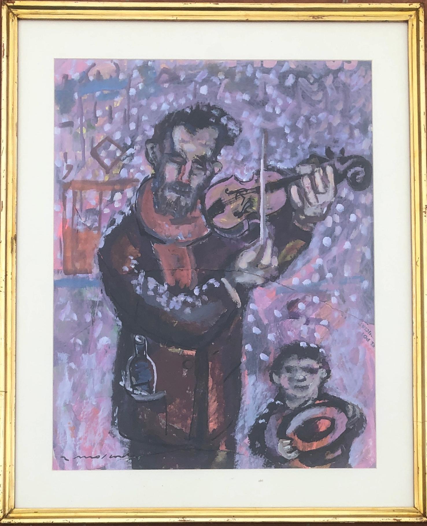 violinist under the snow Oil and collage on paper painting - Painting by Ramon Moscardo