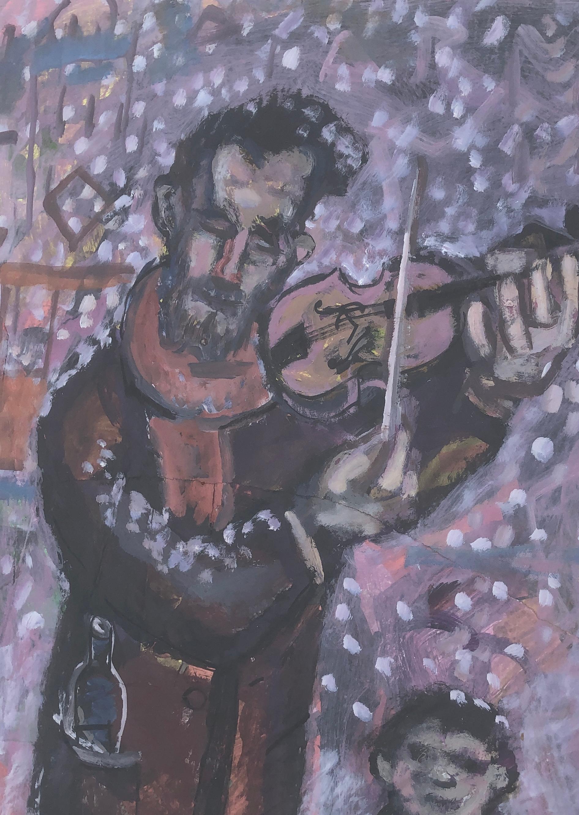 violinist under the snow Oil and collage on paper painting For Sale 3