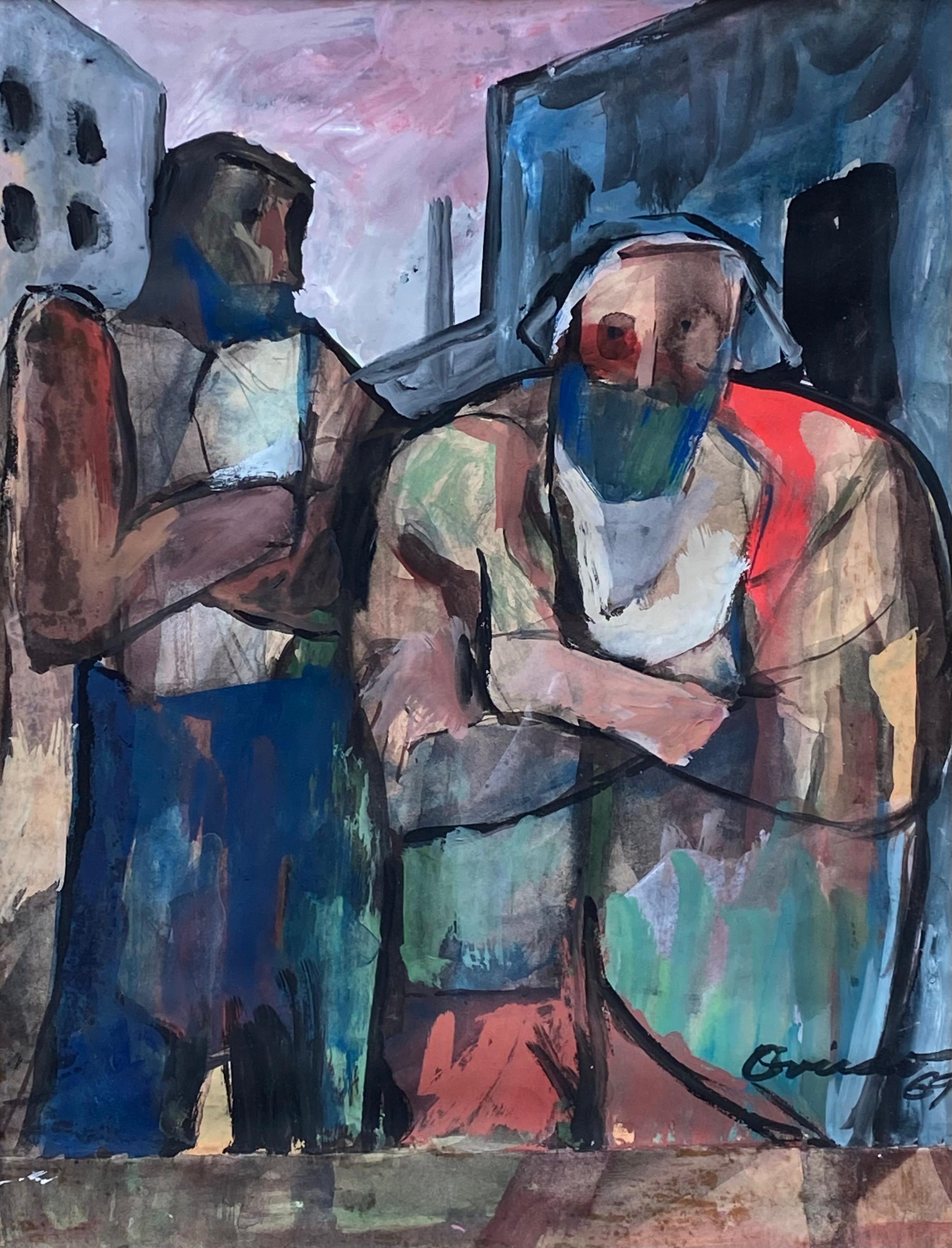 Watercolor, gouache and collage painting by the famous Dominican artist, Ramon Oviedo.  A early figurative work by the artist of two figures in a city setting.  Signed lower right and dated 1969.  Condition is excellent. The bottom one inch of the