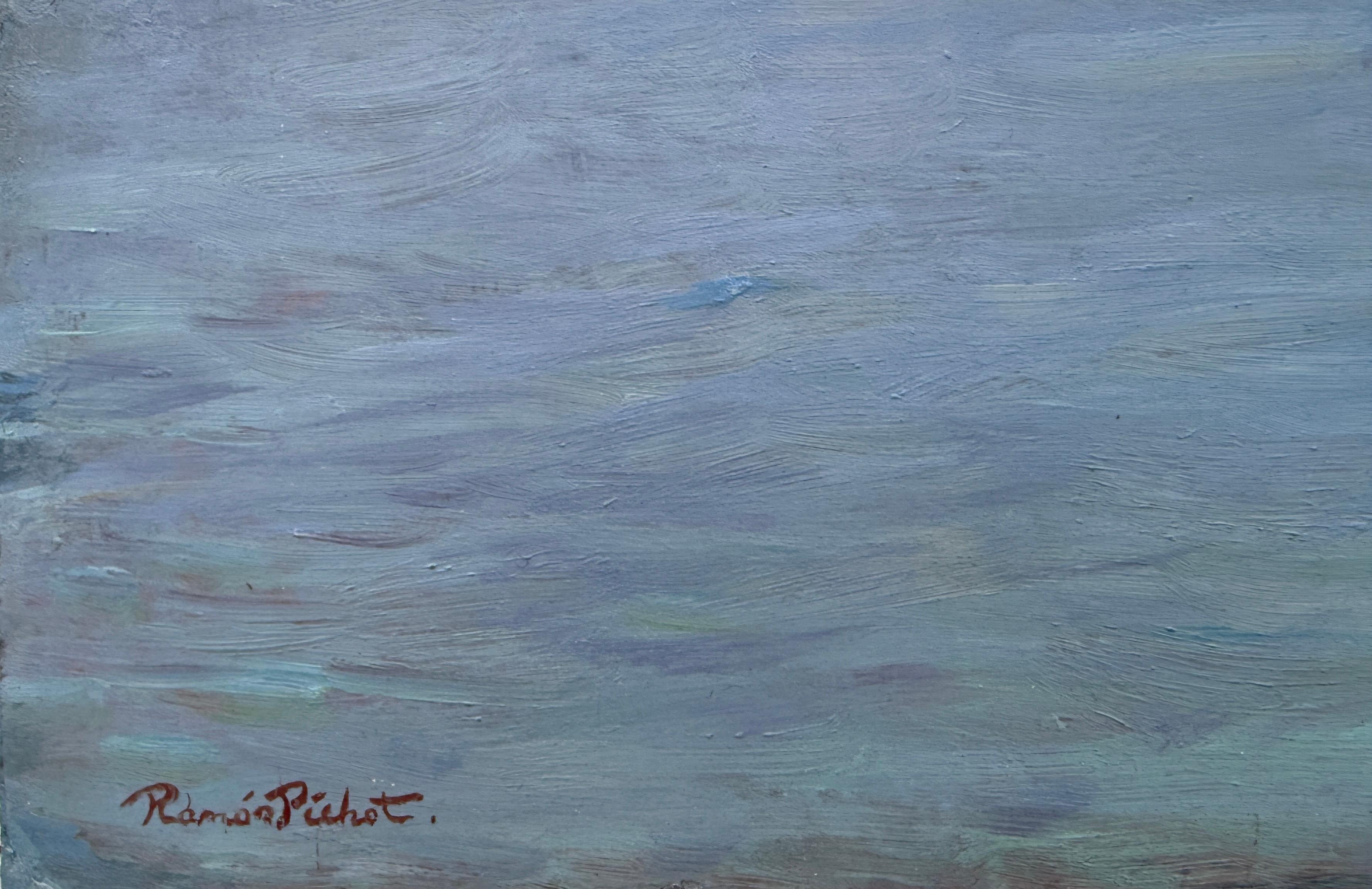 Cadaqués depuis la baie huile sur carton peinture espagnole paysage marin méditerranéen - Painting de Ramon Pichot i Soler