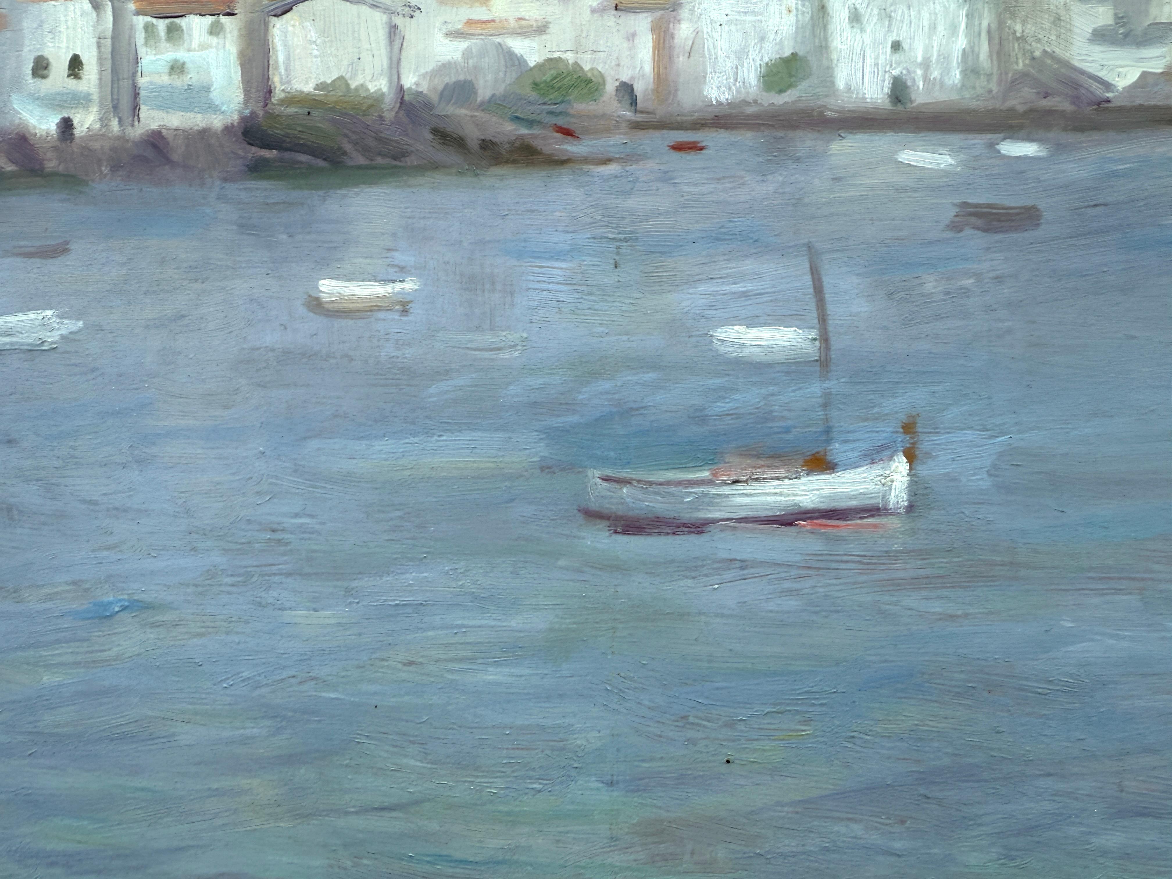 Cadaqués depuis la baie huile sur carton peinture espagnole paysage marin méditerranéen - Post-impressionnisme Painting par Ramon Pichot i Soler