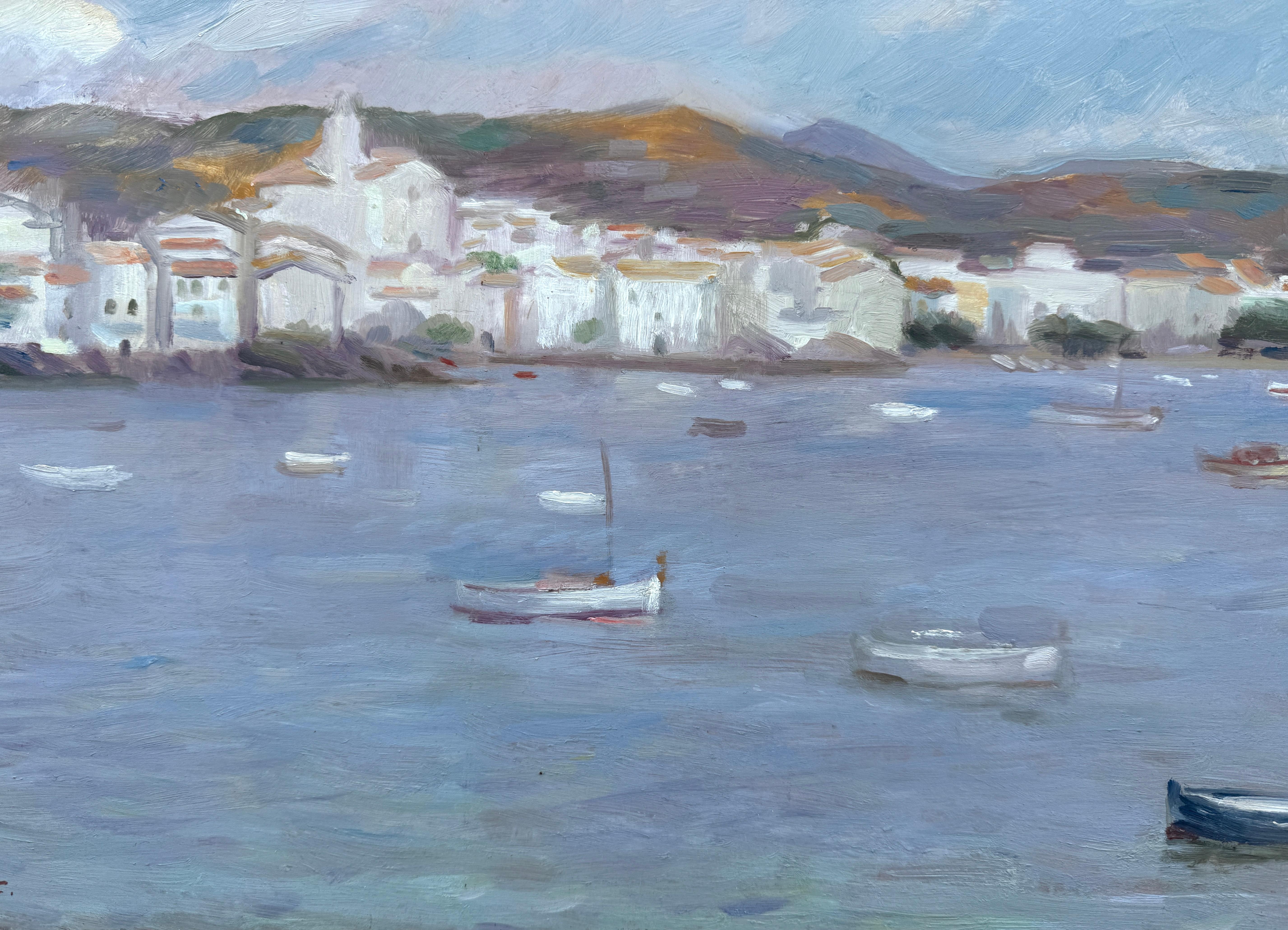 Cadaqués depuis la baie huile sur carton peinture espagnole paysage marin méditerranéen en vente 2