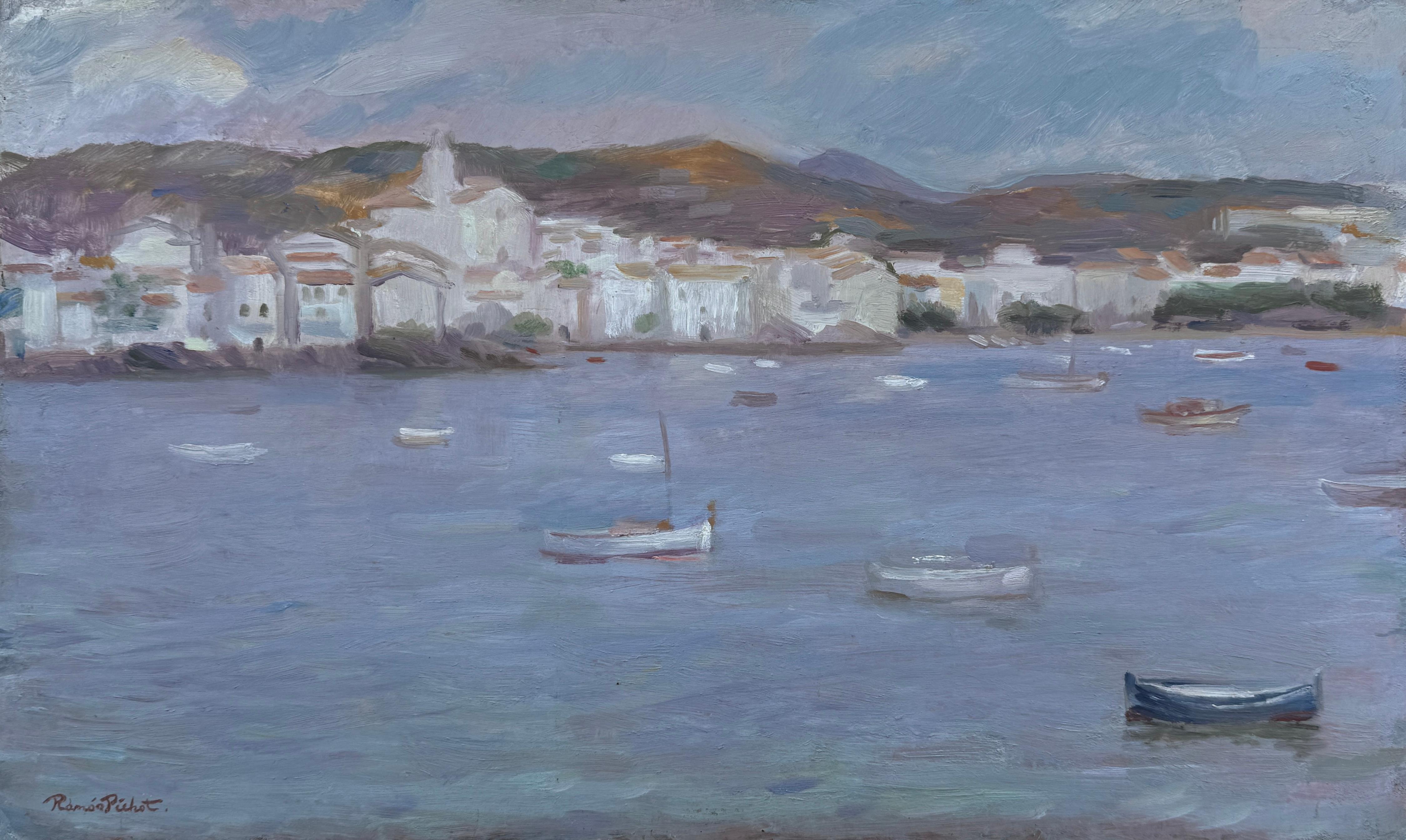 Cadaqués from the Bay oil on board painting spanish mediterranean seascape