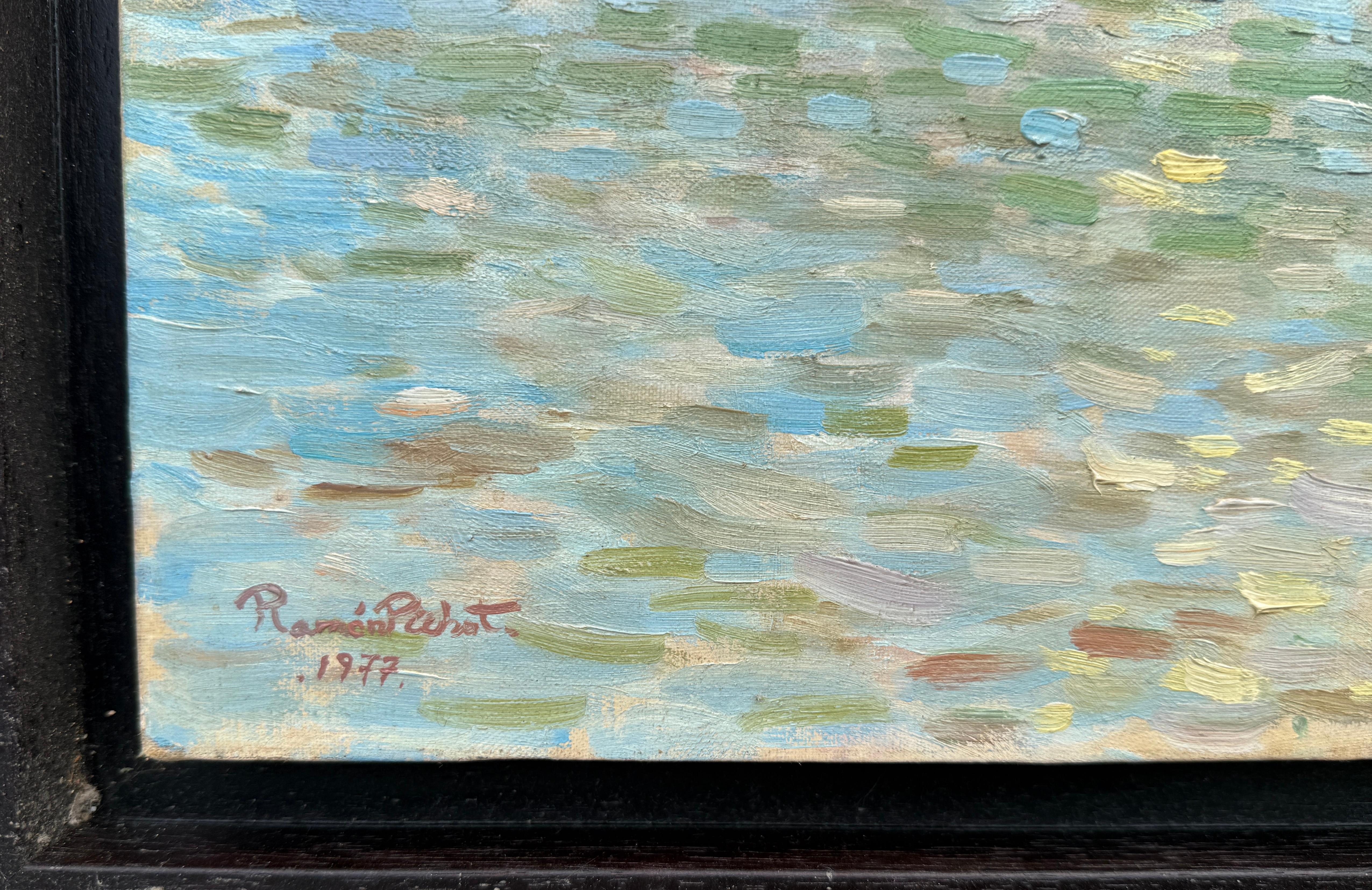 Cadaques in Calma olio su tela pittura mediterranea spagnola paesaggio marino arte - Painting Postimpressionismo di Ramon Pichot i Soler