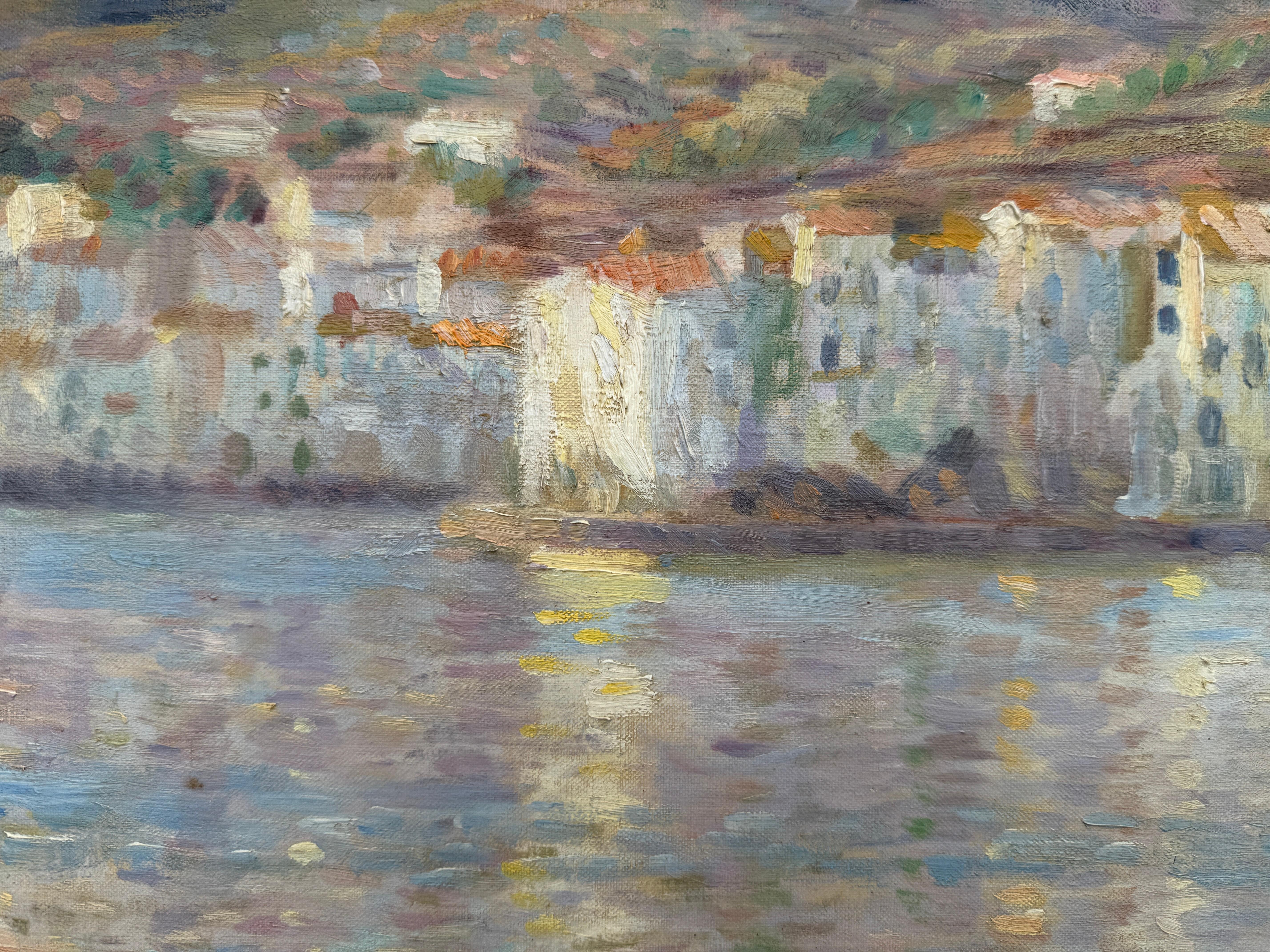 Cadaques in Calma olio su tela pittura mediterranea spagnola paesaggio marino arte - Landscape Painting Grigio di Ramon Pichot i Soler