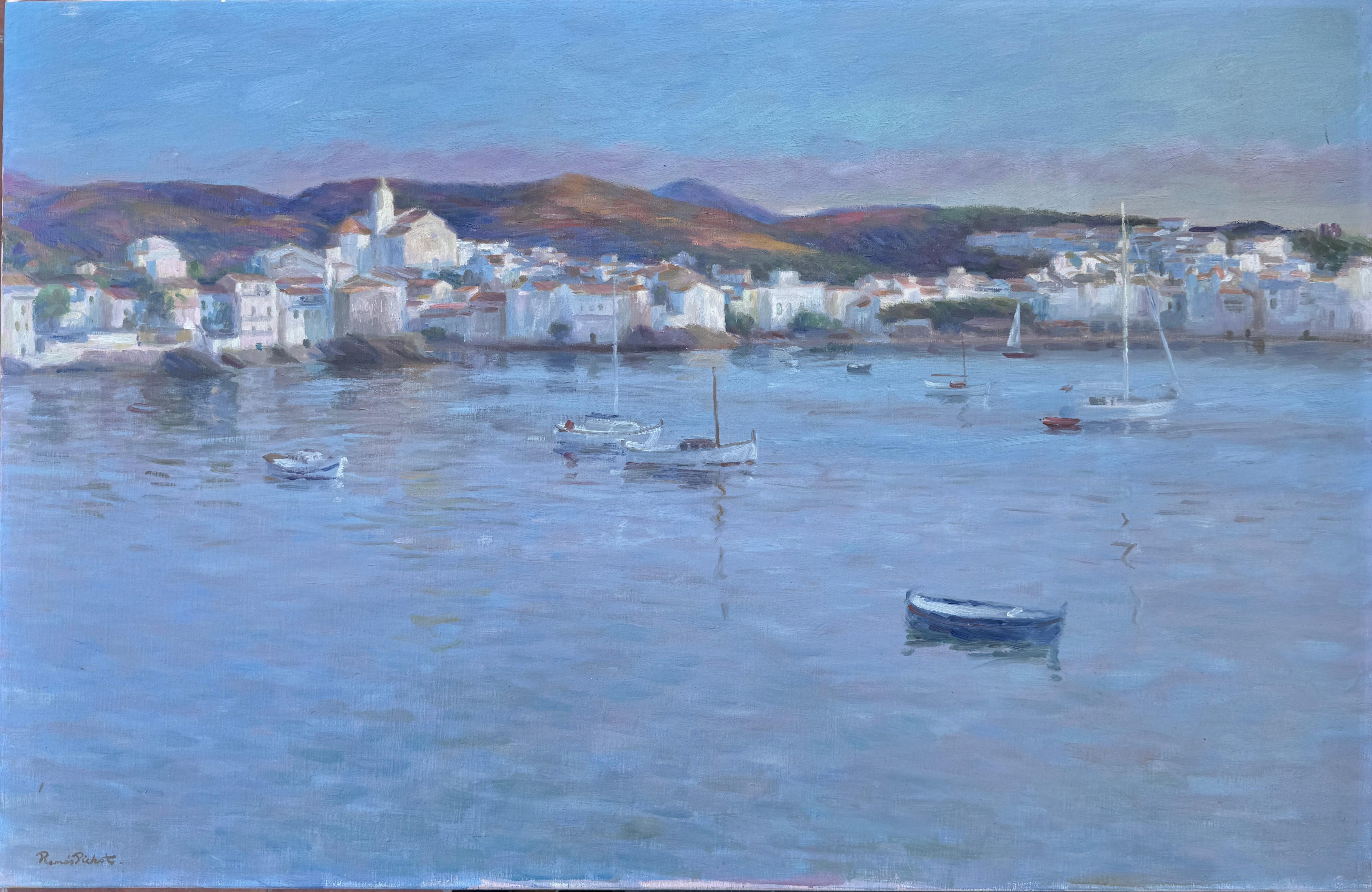 Cadaqués with Boats oil on canvas painting spanish seascape mediterranean art