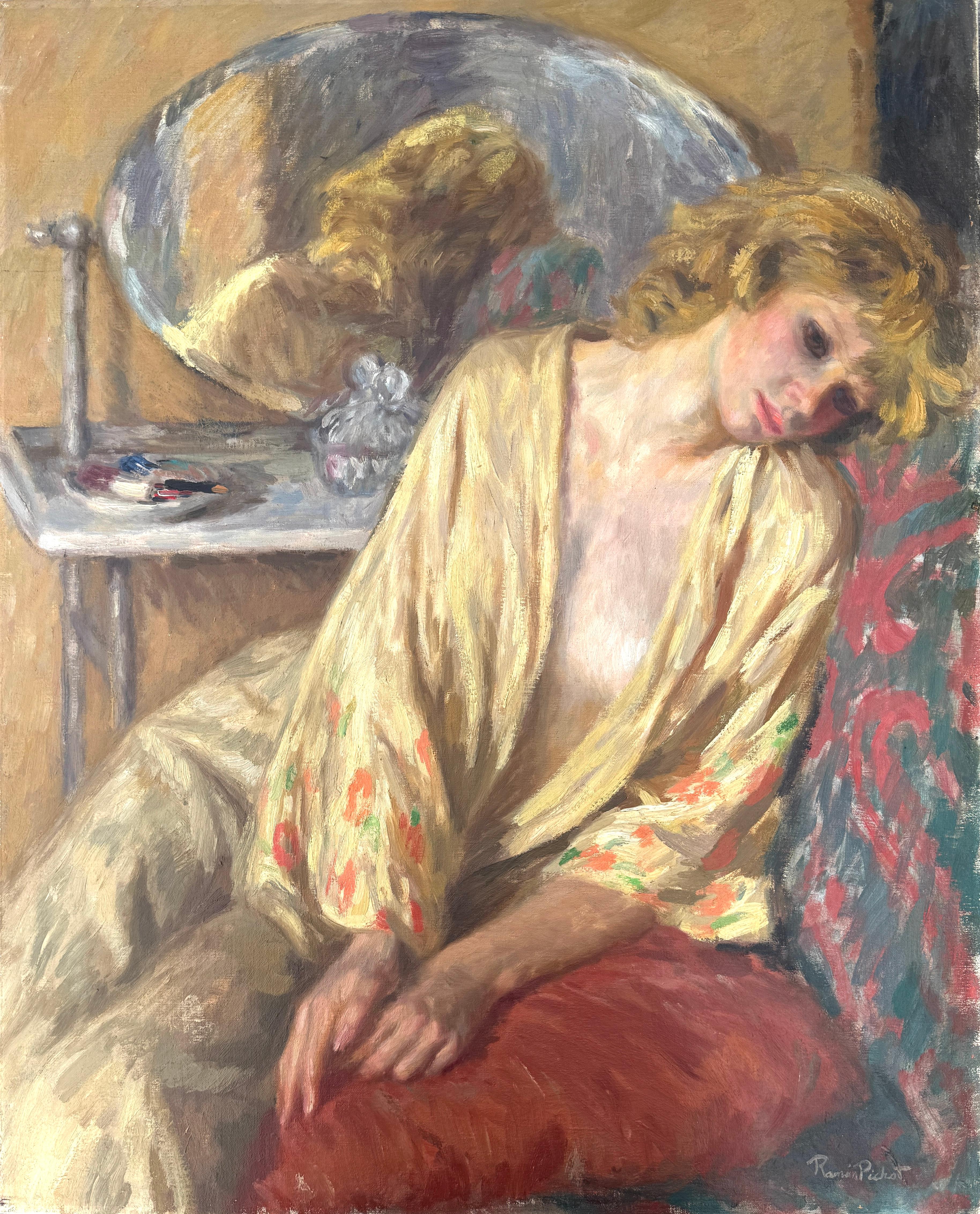 Melancholic Woman in an Interior, Oil on Canvas, Signed, 1979