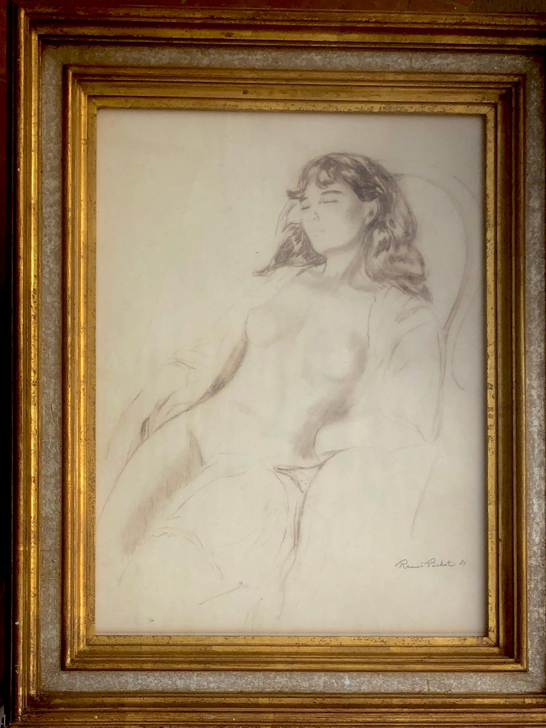 Nude woman pencil drawing Ramón Pichot - Painting by Ramon Pichot i Soler