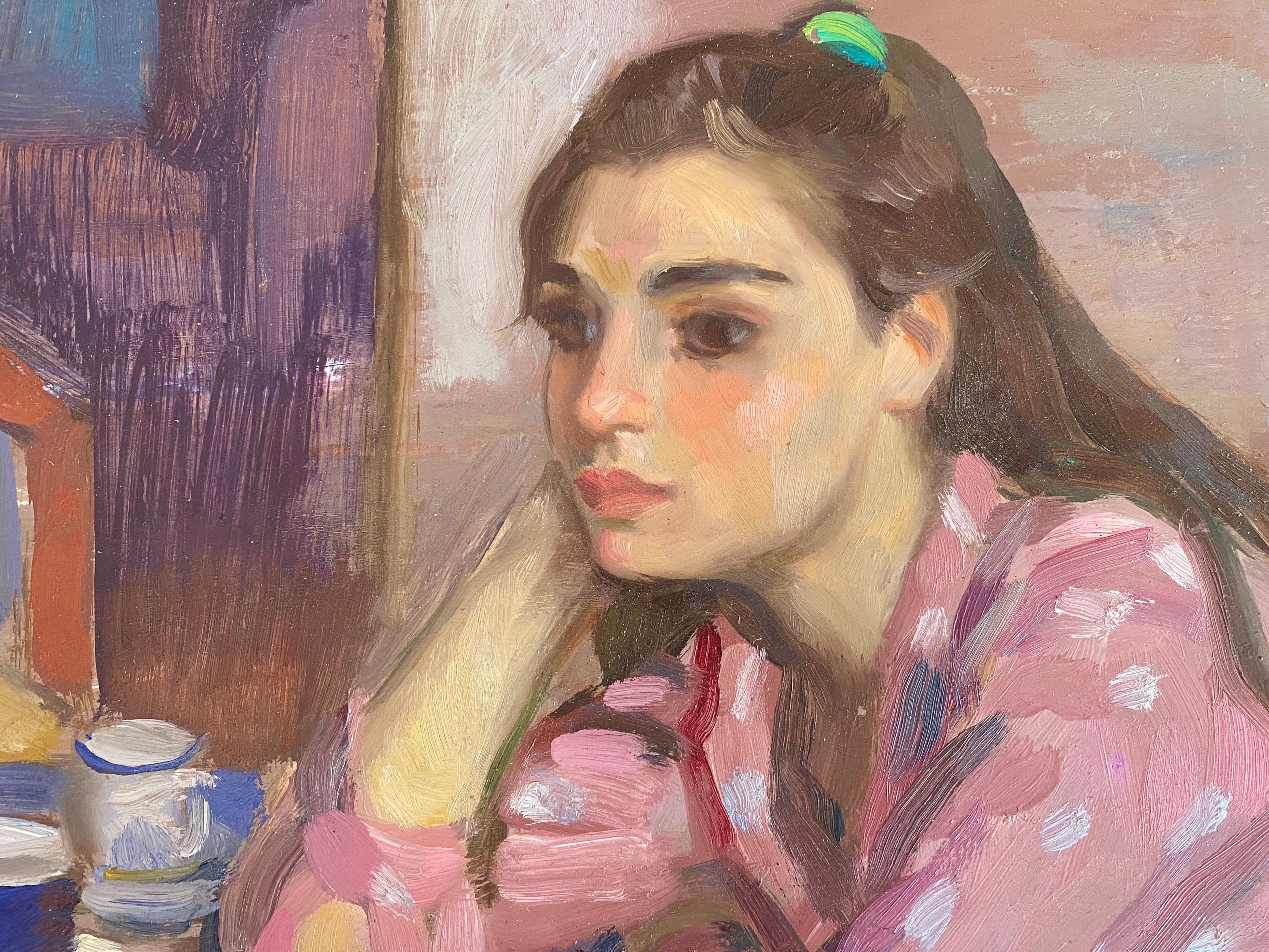Rosa gepunktetes Kleid (Post-Impressionismus), Painting, von Ramon Pichot i Soler