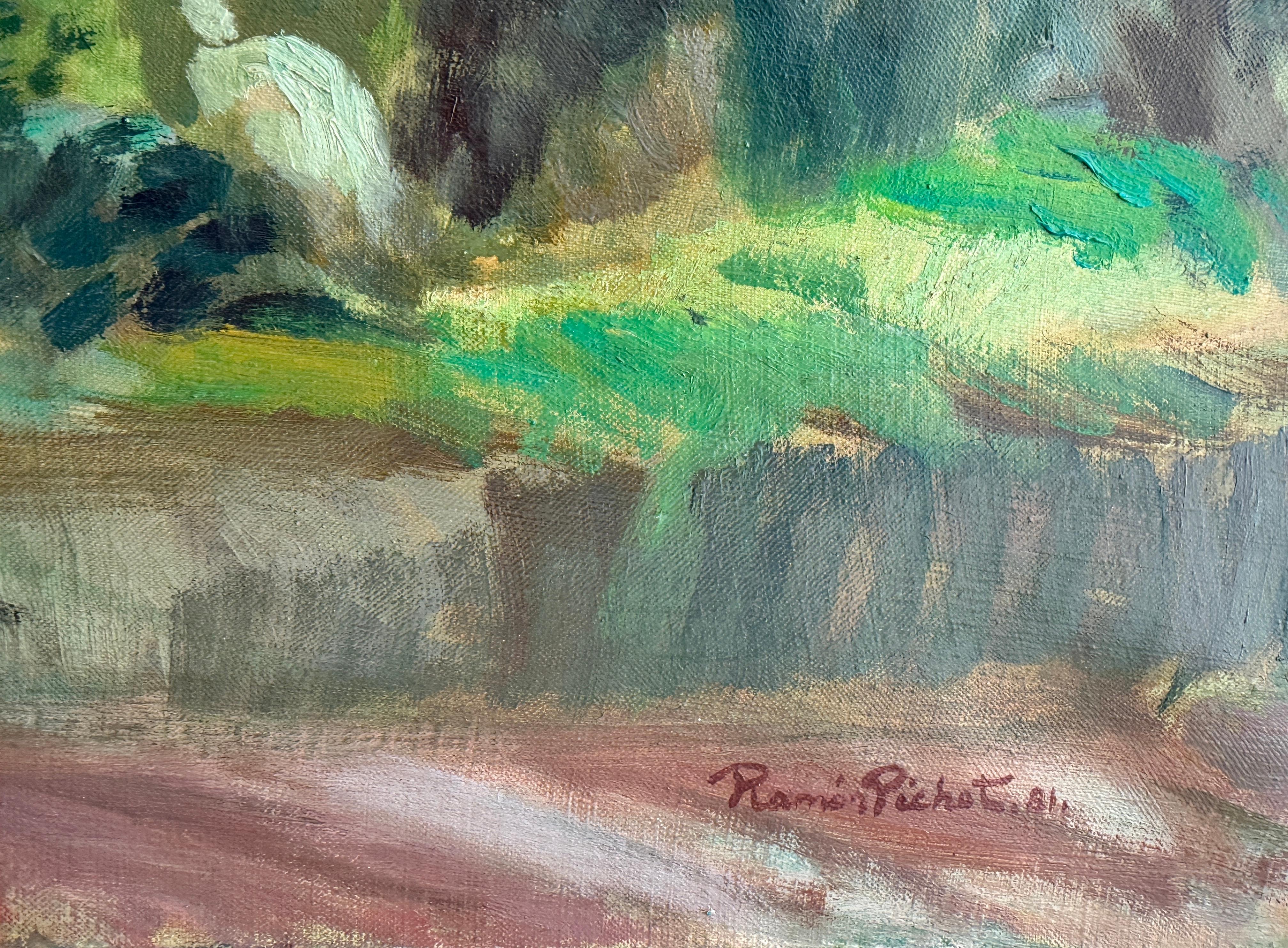 Blick auf Barcelona vom Montjuïc Spanien Öl auf Leinwand Gemälde – Painting von Ramon Pichot i Soler