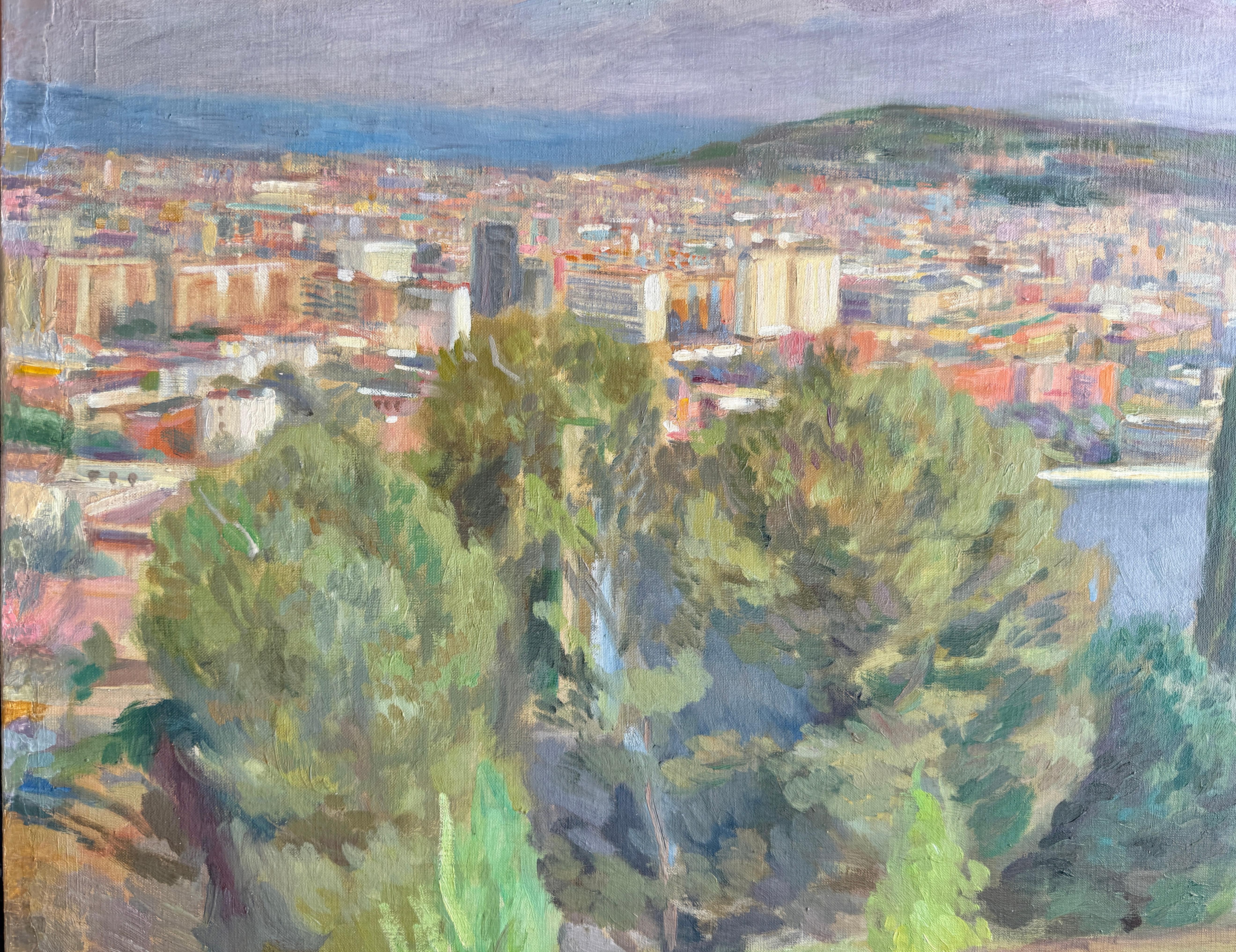 Blick auf Barcelona vom Montjuïc Spanien Öl auf Leinwand Gemälde im Angebot 1