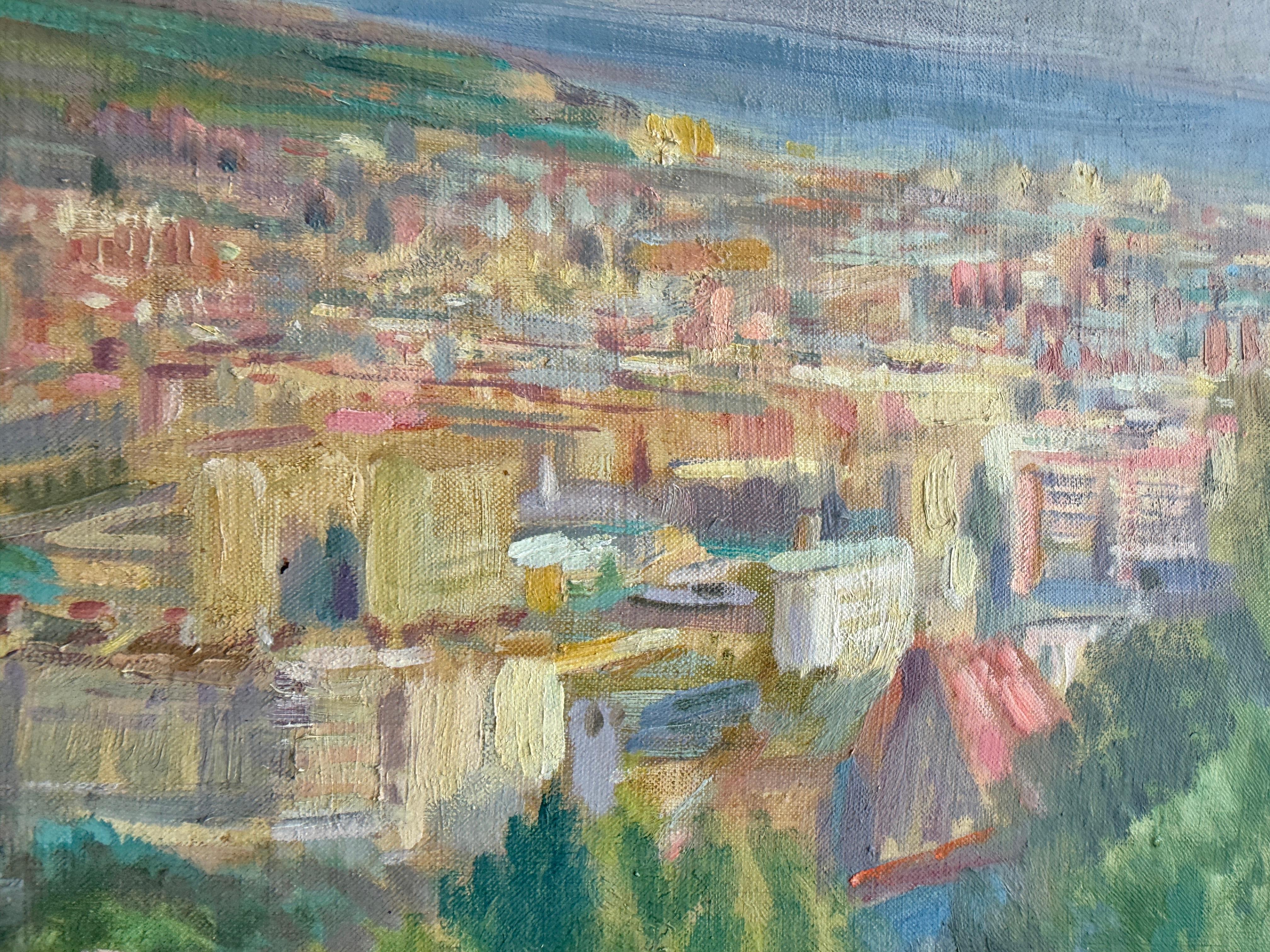 Blick auf Barcelona vom Montjuïc Spanien Öl auf Leinwand Gemälde im Angebot 2