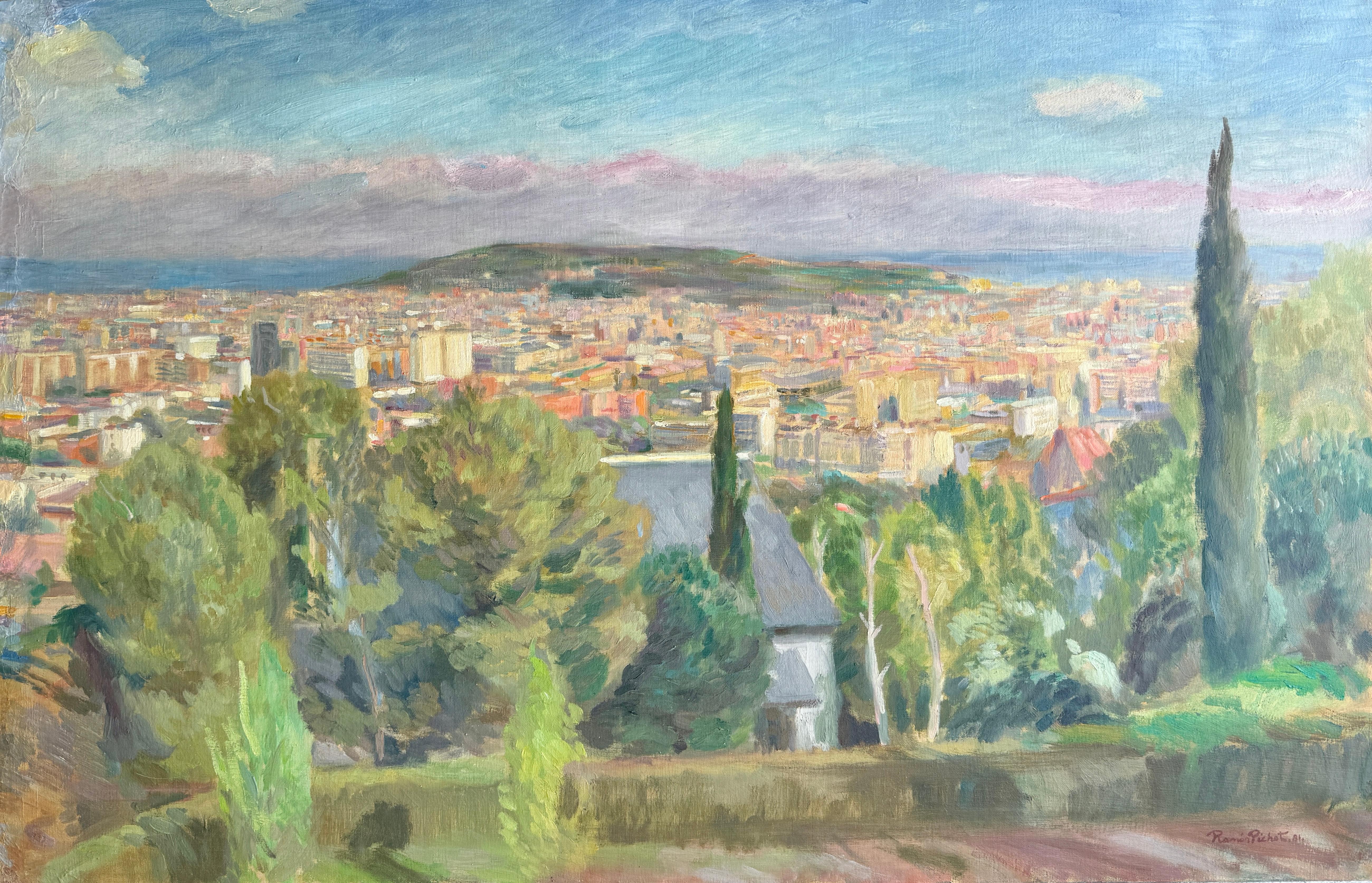 Ramon Pichot i Soler Landscape Painting – Blick auf Barcelona vom Montjuïc Spanien Öl auf Leinwand Gemälde