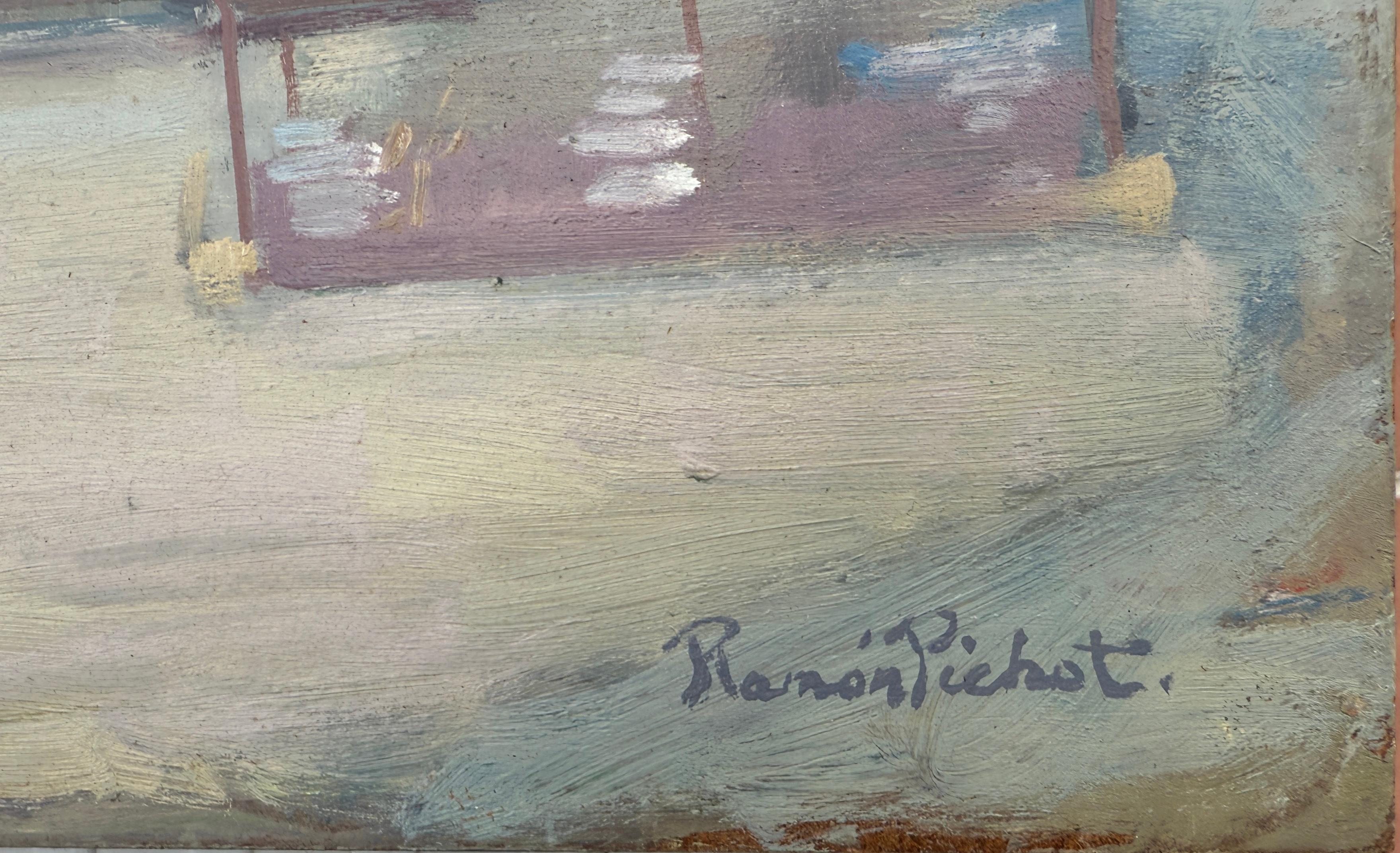 Ansicht von Cadaqués Öl auf Karton Gemälde mediterrane Landschaft Spanien – Painting von Ramon Pichot i Soler