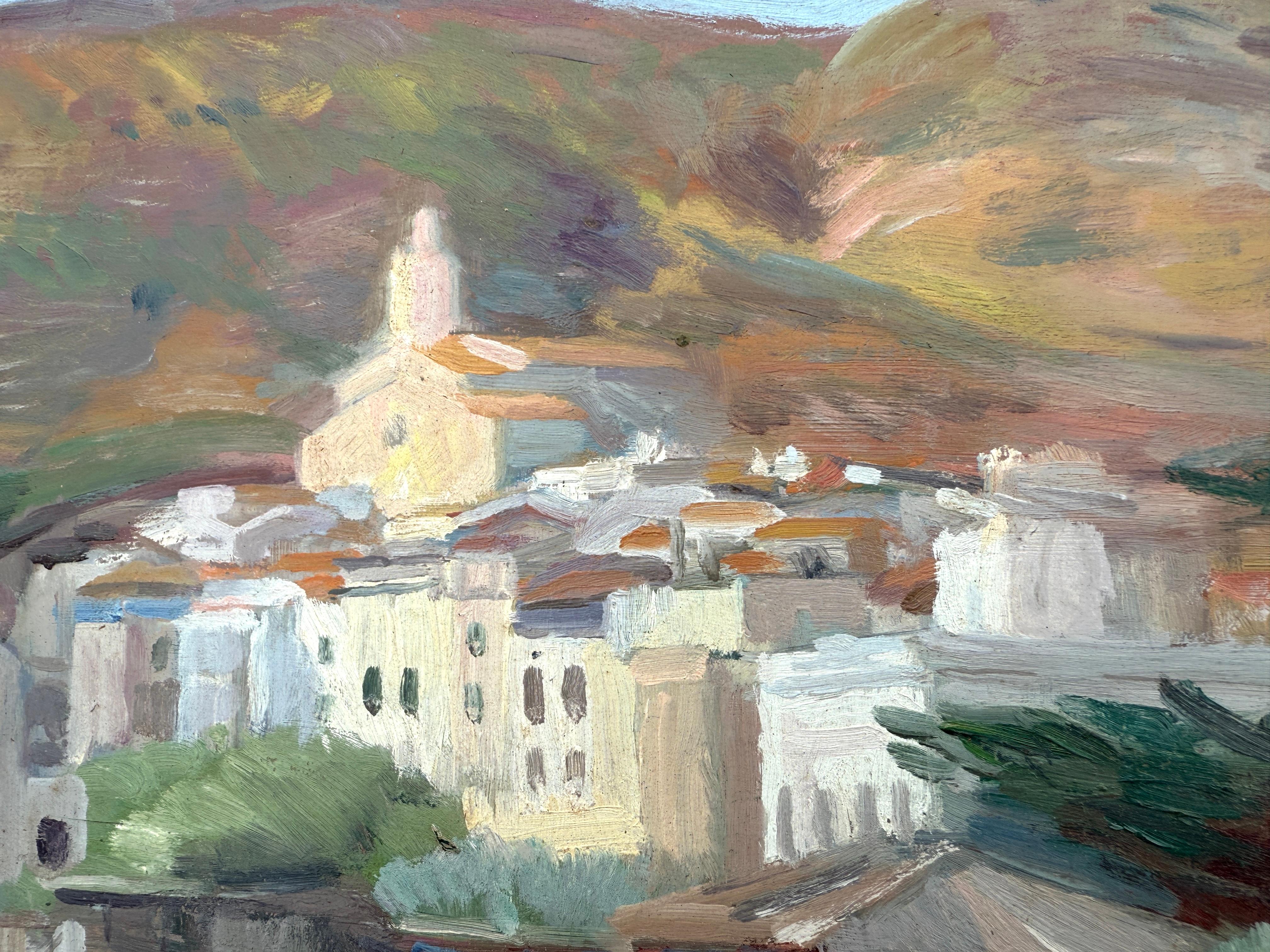 Ansicht von Cadaqués Öl auf Karton Gemälde mediterrane Landschaft Spanien (Grau), Landscape Painting, von Ramon Pichot i Soler