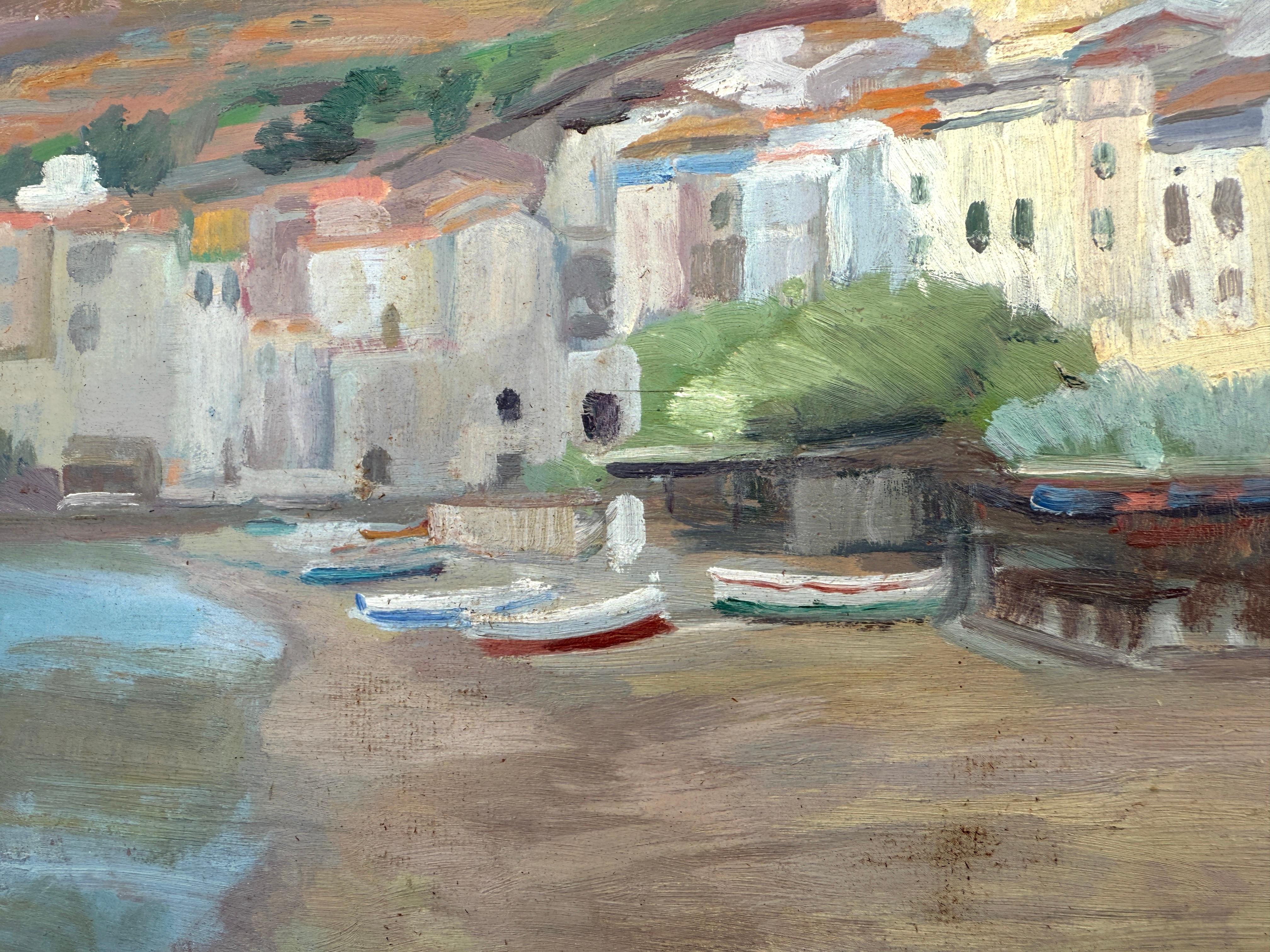 Titel: Ansicht von Cadaqués

Künstler: Ramón Pichot i Soler (1924-1996)

Medium: Öl auf Platte

Abmessungen: 13 x 21,7 Zoll

Datum: 1960er Jahre

Zustand: Gut

Rahmung: Ungerahmt

Unterschrift: Signiert in der unteren rechten Ecke: Ramón