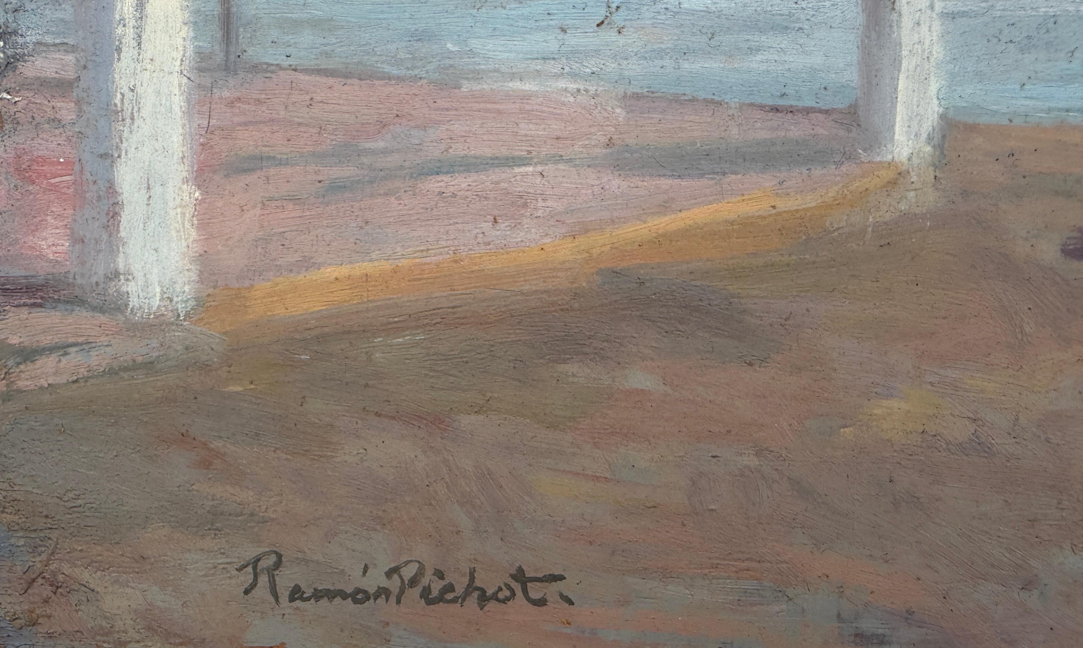 Ansicht von Cadaqués mit Booten Spanien spanische Meereslandschaft – Painting von Ramon Pichot i Soler