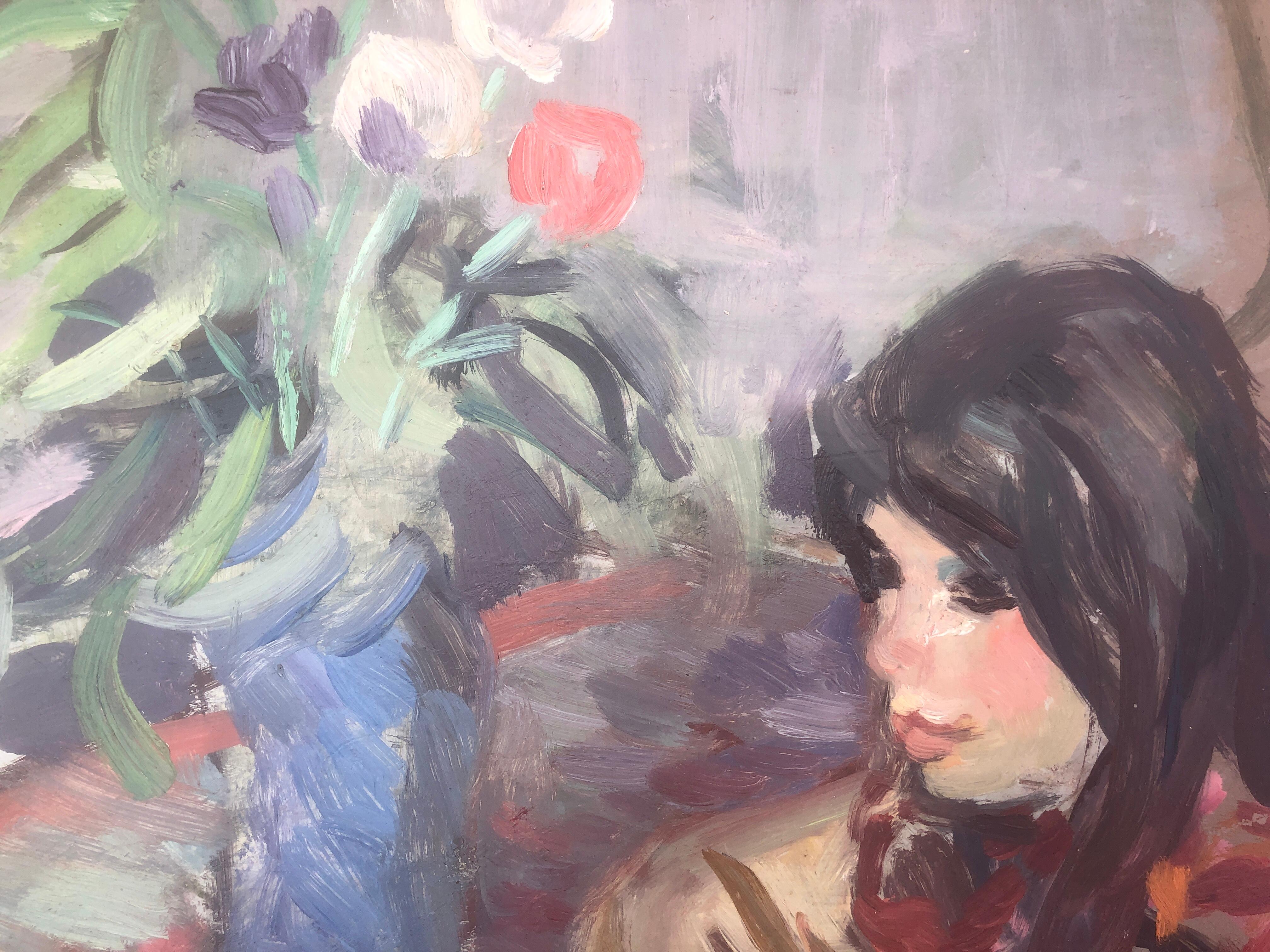 Frau und Blumen Öl auf Karton Gemälde Ramón Pichot im Angebot 3