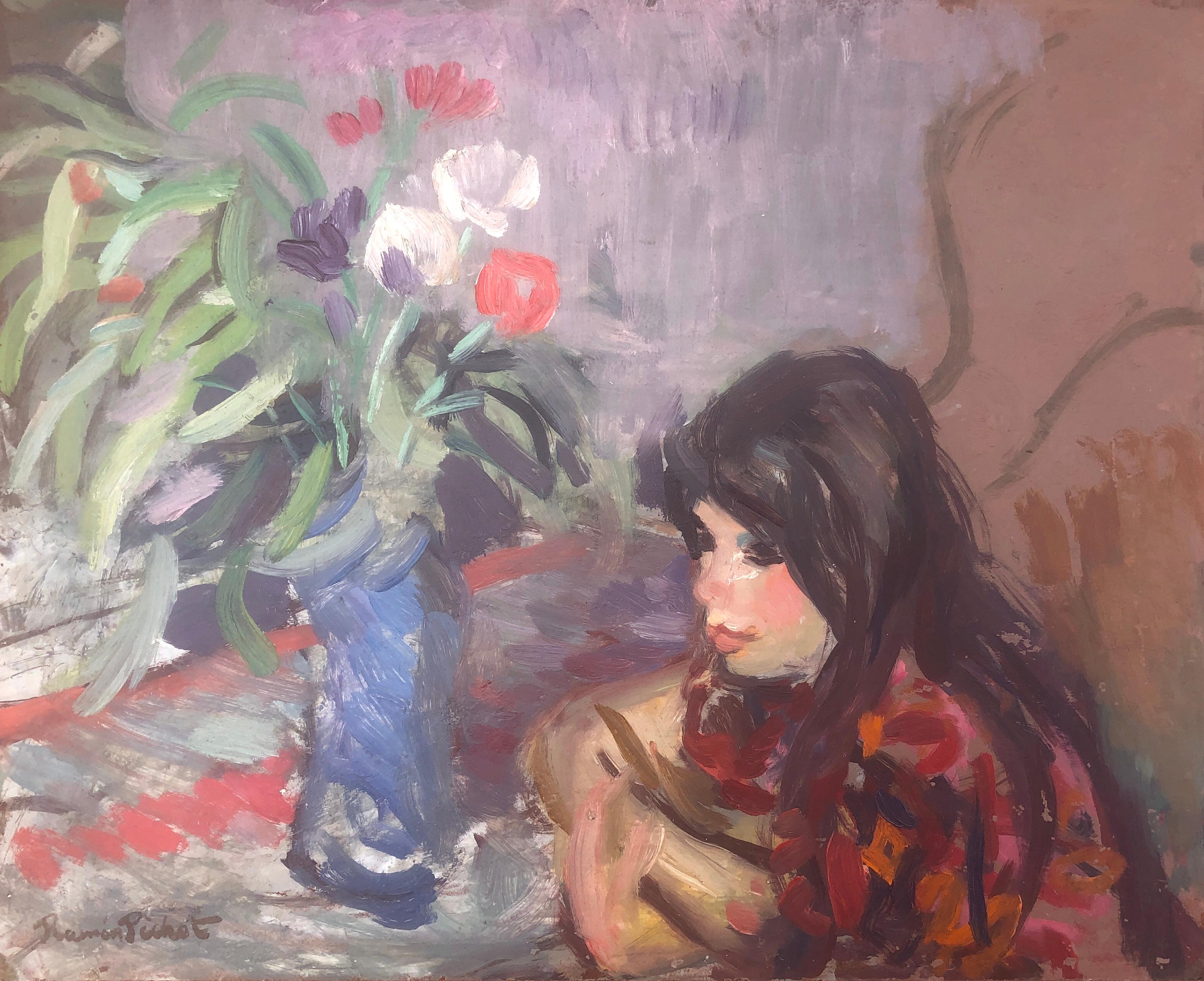 Ramon Pichot i Soler Figurative Painting - Woman and flowers oil on board painting Ramón Pichot