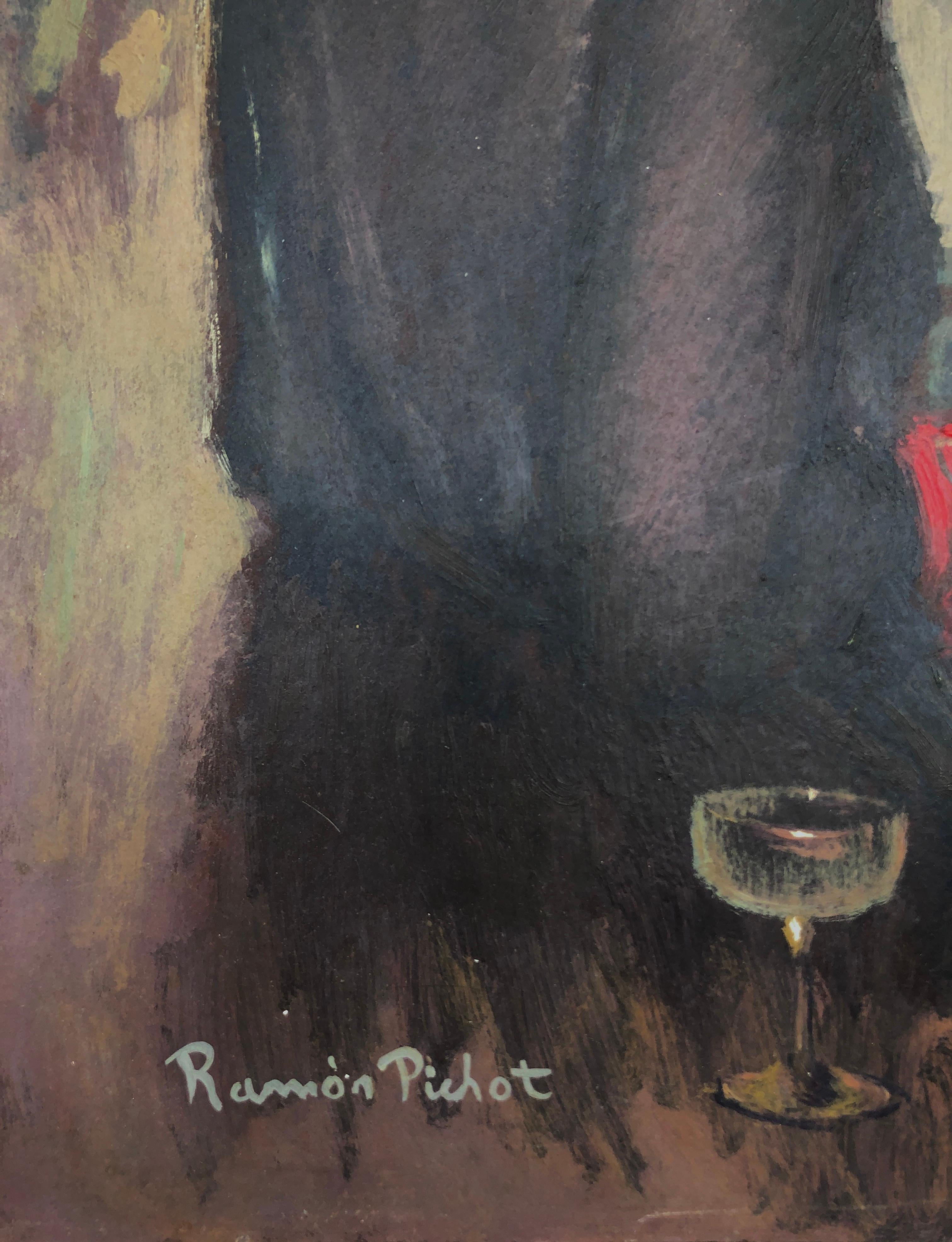 Donna con bicchiere olio su tavola dipinto Ramón Pichot - Painting di Ramon Pichot i Soler