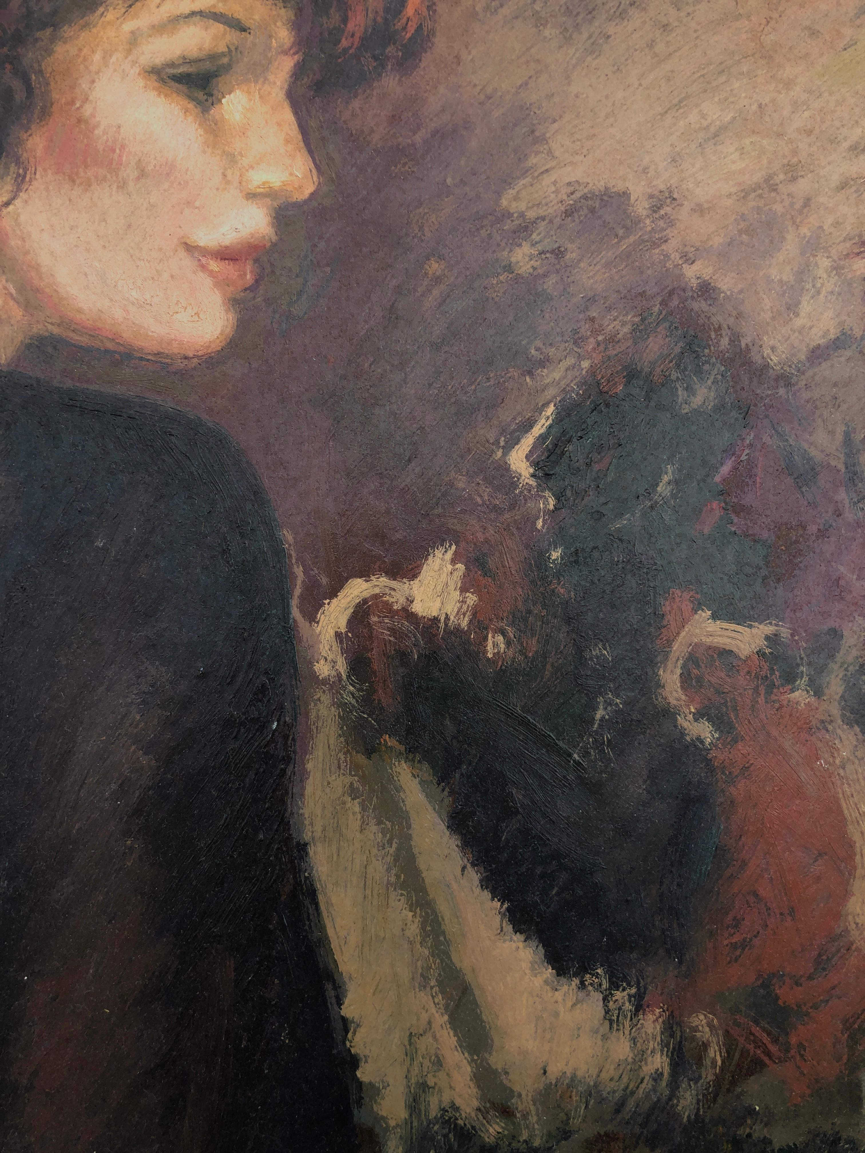 Titolo: Donna con vetro  
Autore: Ramón Pichot Soler (1924-1996)  
Tecnica: Olio su tavola rigida  
Dimensioni: 18,1 x 15 pollici  
Incorniciatura: Senza cornice  
Anno stimato: 1970s  

Descrizione:  

Immergiti nell'atmosfera misteriosa e