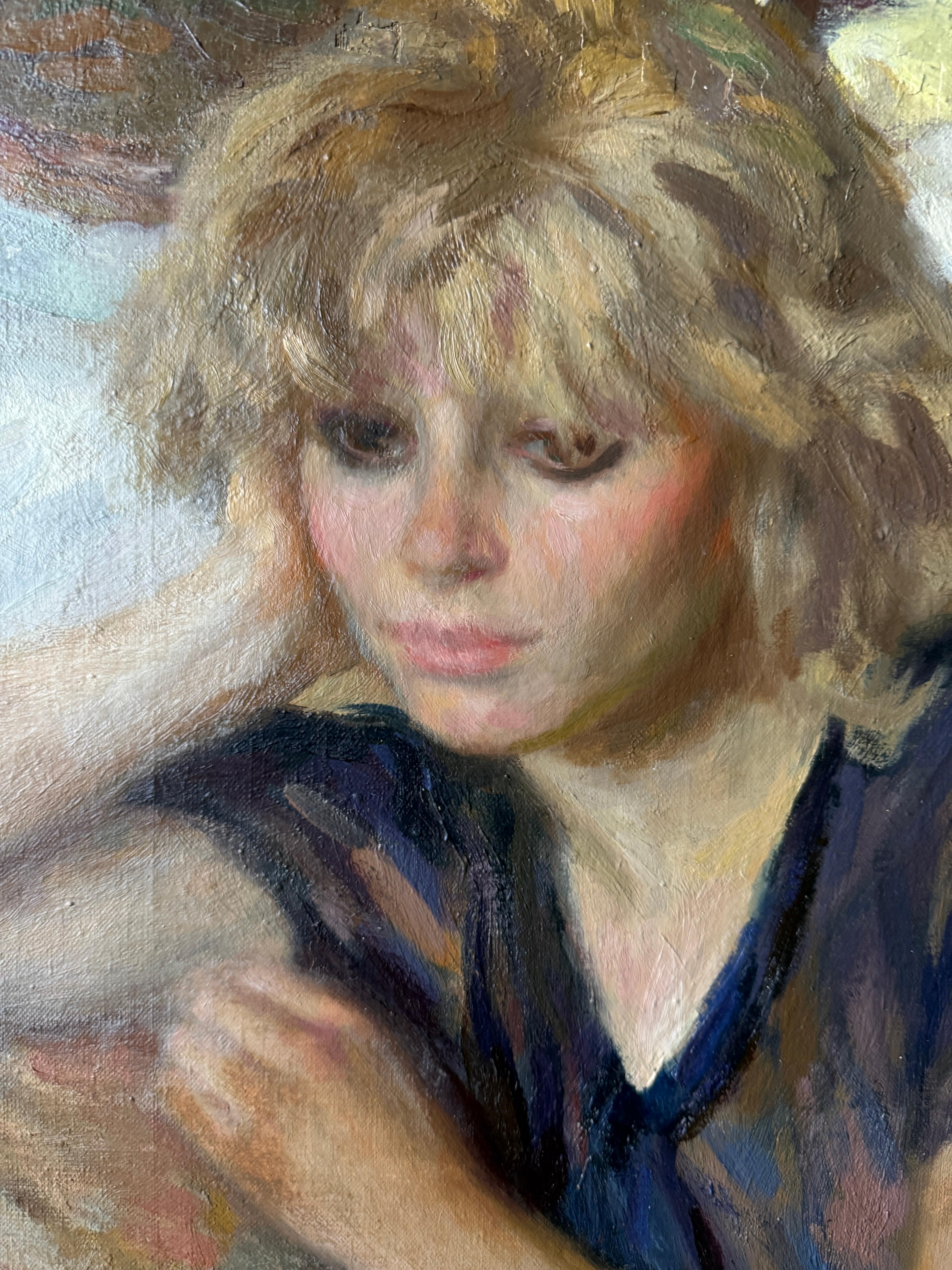 Junge Frau mit Blumen Öl auf Leinwand Gemälde (Post-Impressionismus), Painting, von Ramon Pichot i Soler