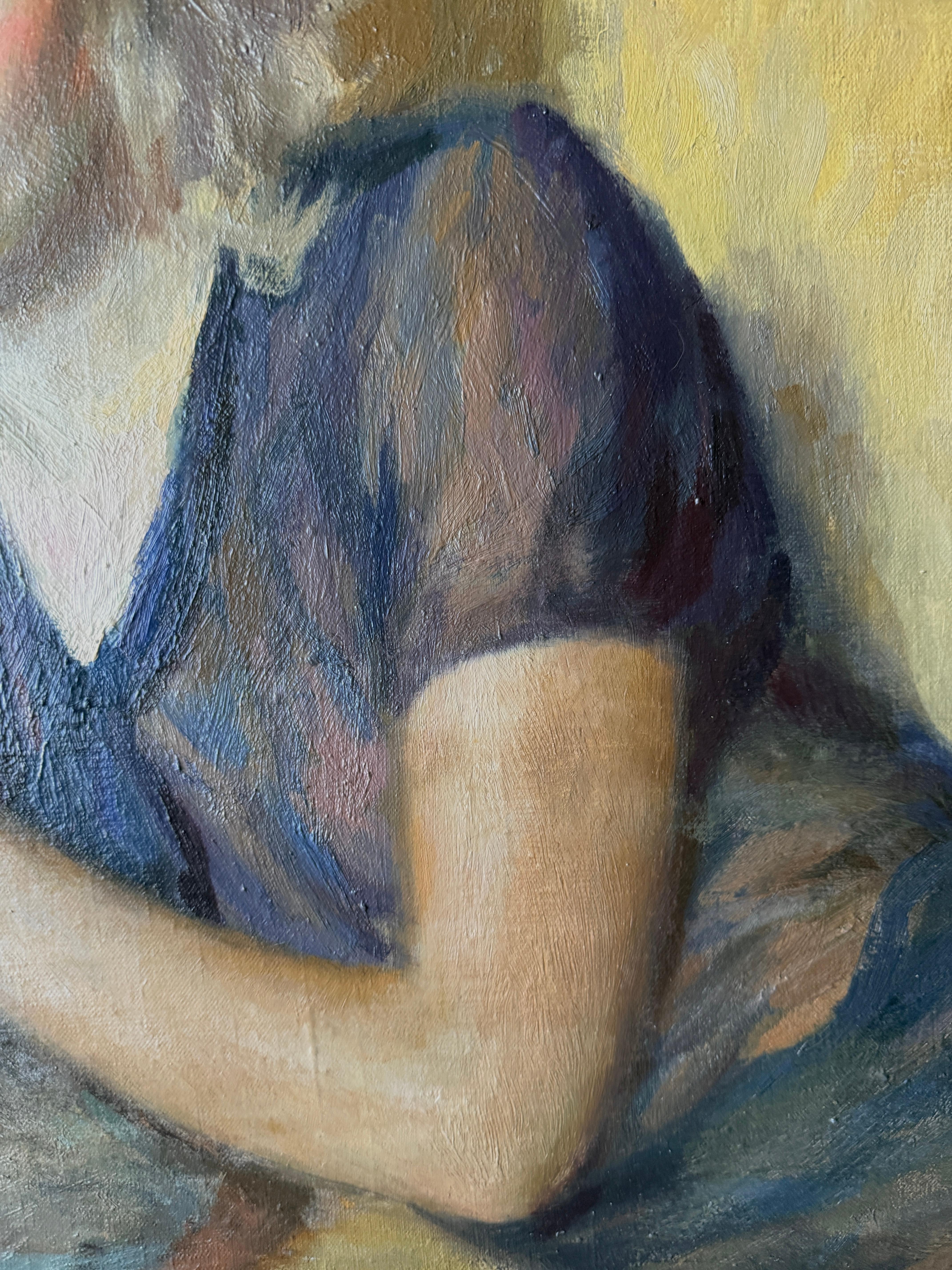 Junge Frau mit Blumen Öl auf Leinwand Gemälde (Grau), Portrait Painting, von Ramon Pichot i Soler