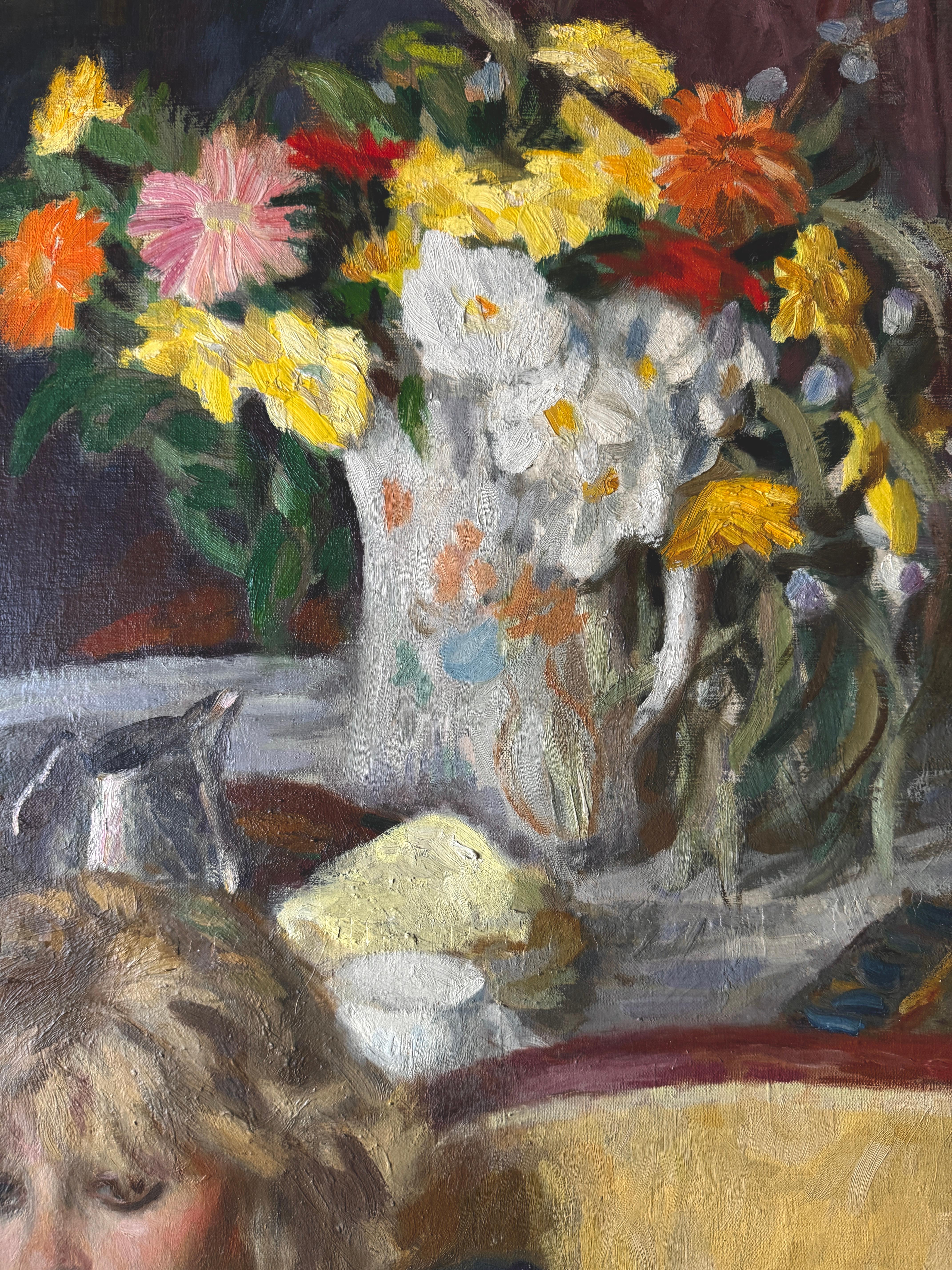 Junge Frau mit Blumen Öl auf Leinwand Gemälde im Angebot 1